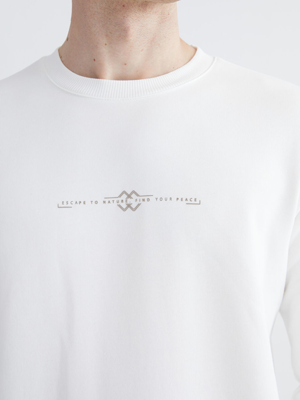 Ekru Bisiklet Yaka Baskılı Erkek Kalın Sweatshirt-2