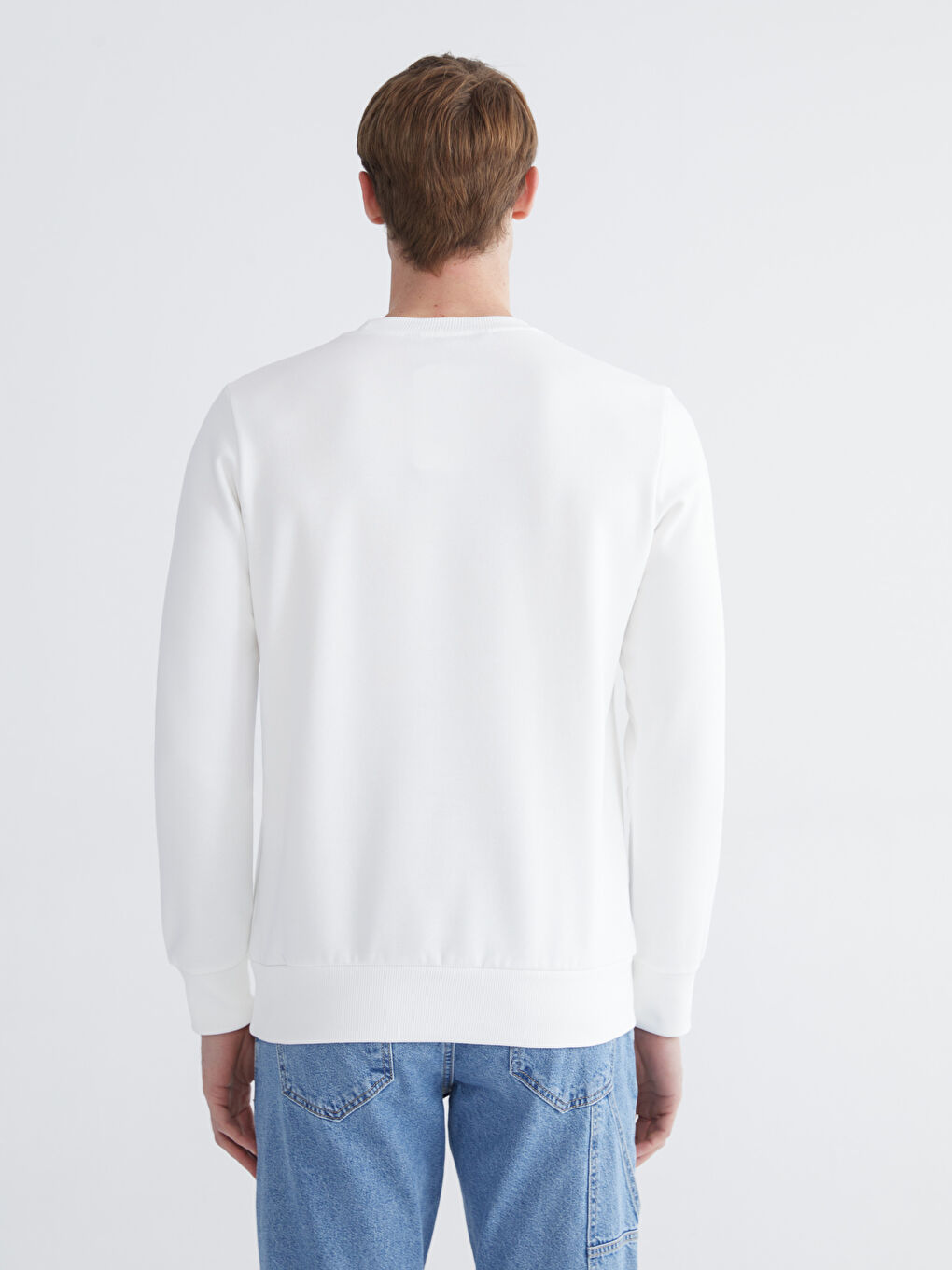 Ekru Bisiklet Yaka Baskılı Erkek Kalın Sweatshirt-3