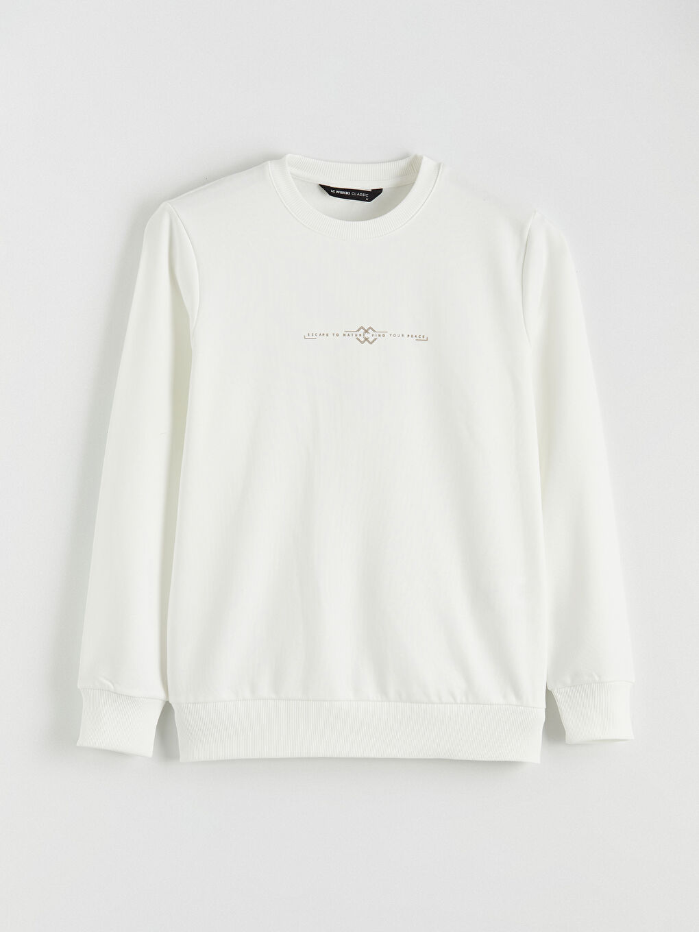 Ekru Bisiklet Yaka Baskılı Erkek Kalın Sweatshirt-4