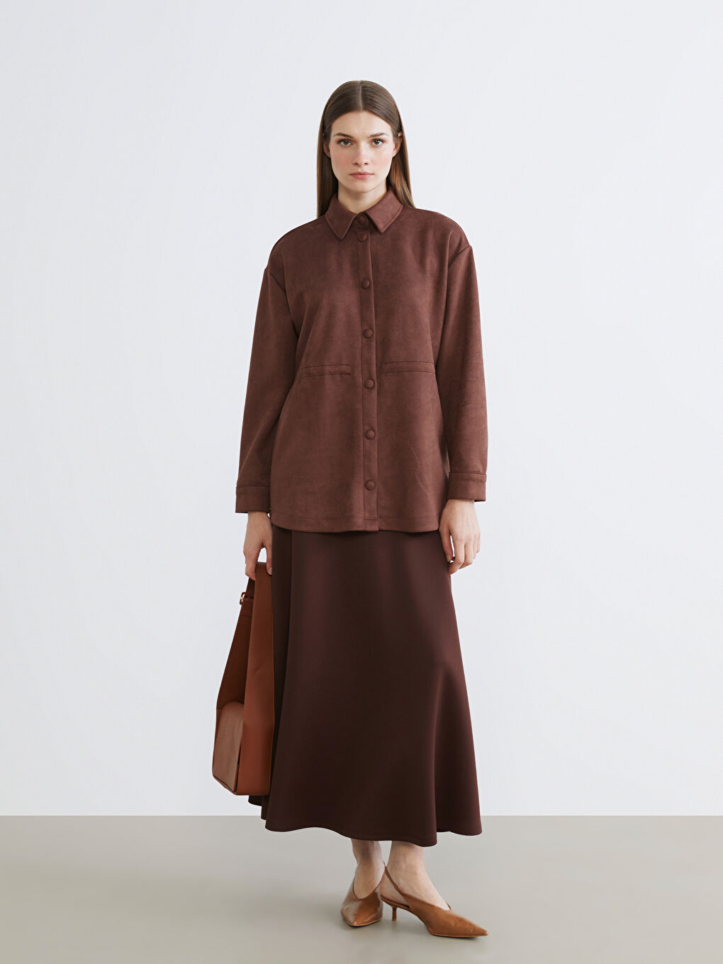 Kahverengi Kadın Süet Görünümlü Gömlek Ceket-1