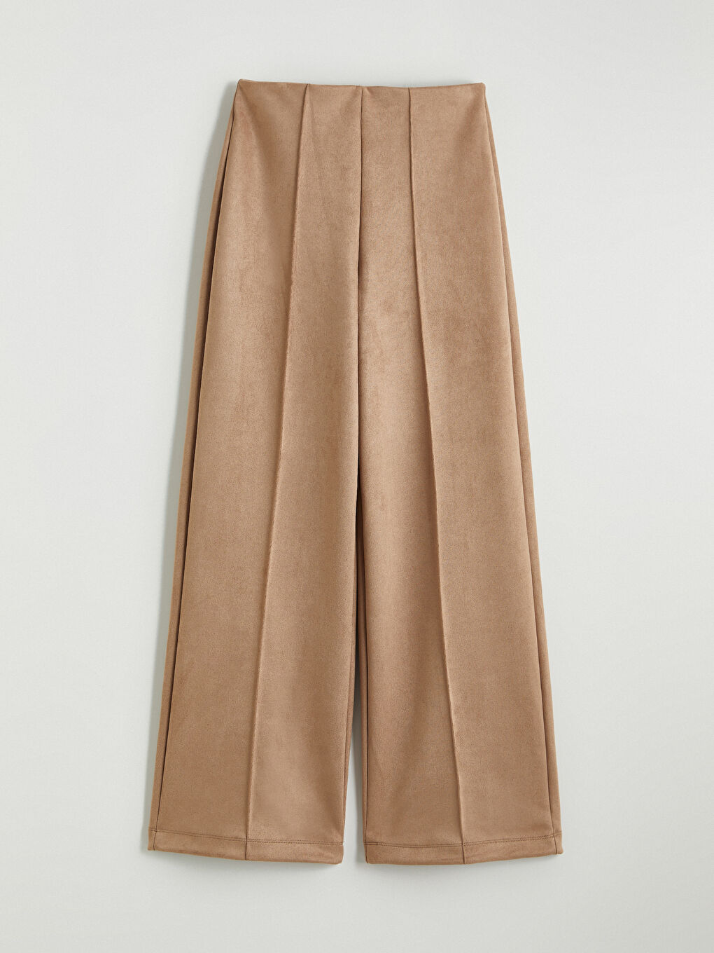 Bej Standart Fit Kadın Süet Görünümlü Pantolon-4