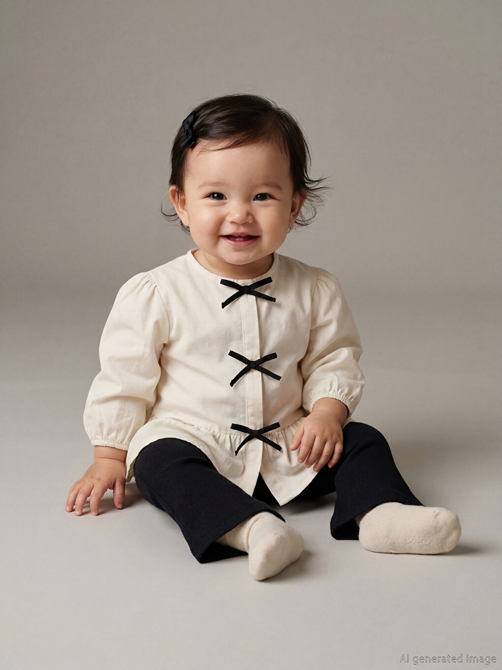 Crew Neck Bow Detailed Baby Girls' Shirt