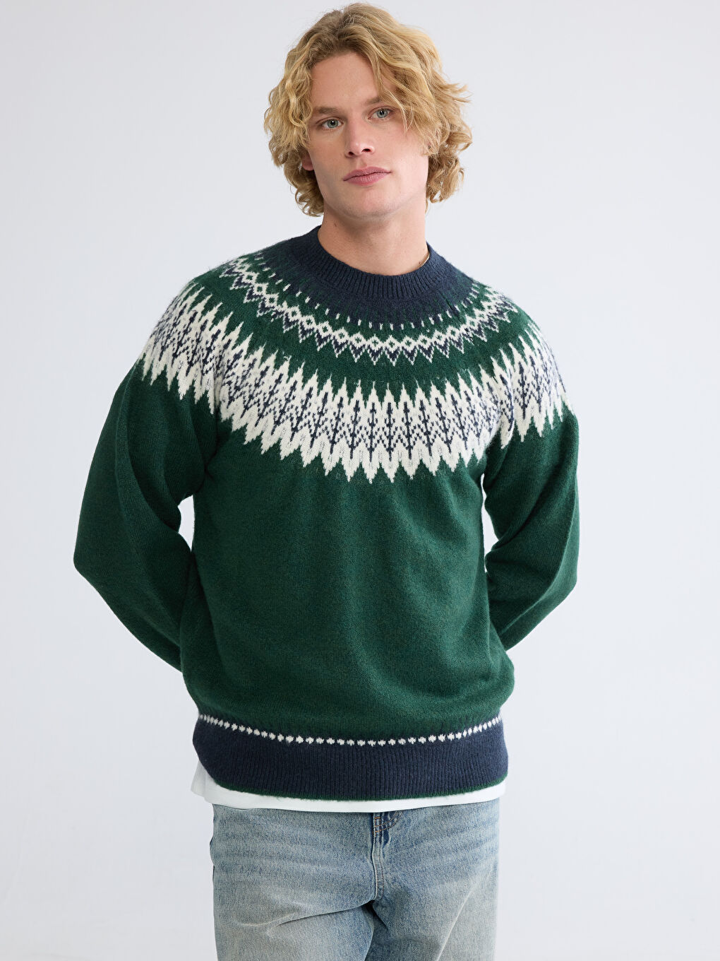 Yeşil Bisiklet Yaka Desenli Erkek Triko Kazak