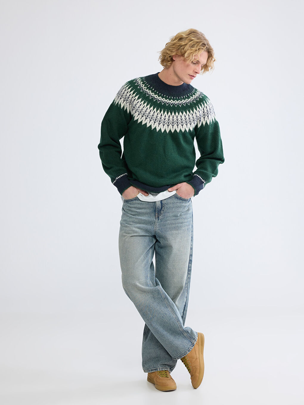 Yeşil Bisiklet Yaka Desenli Erkek Triko Kazak-1