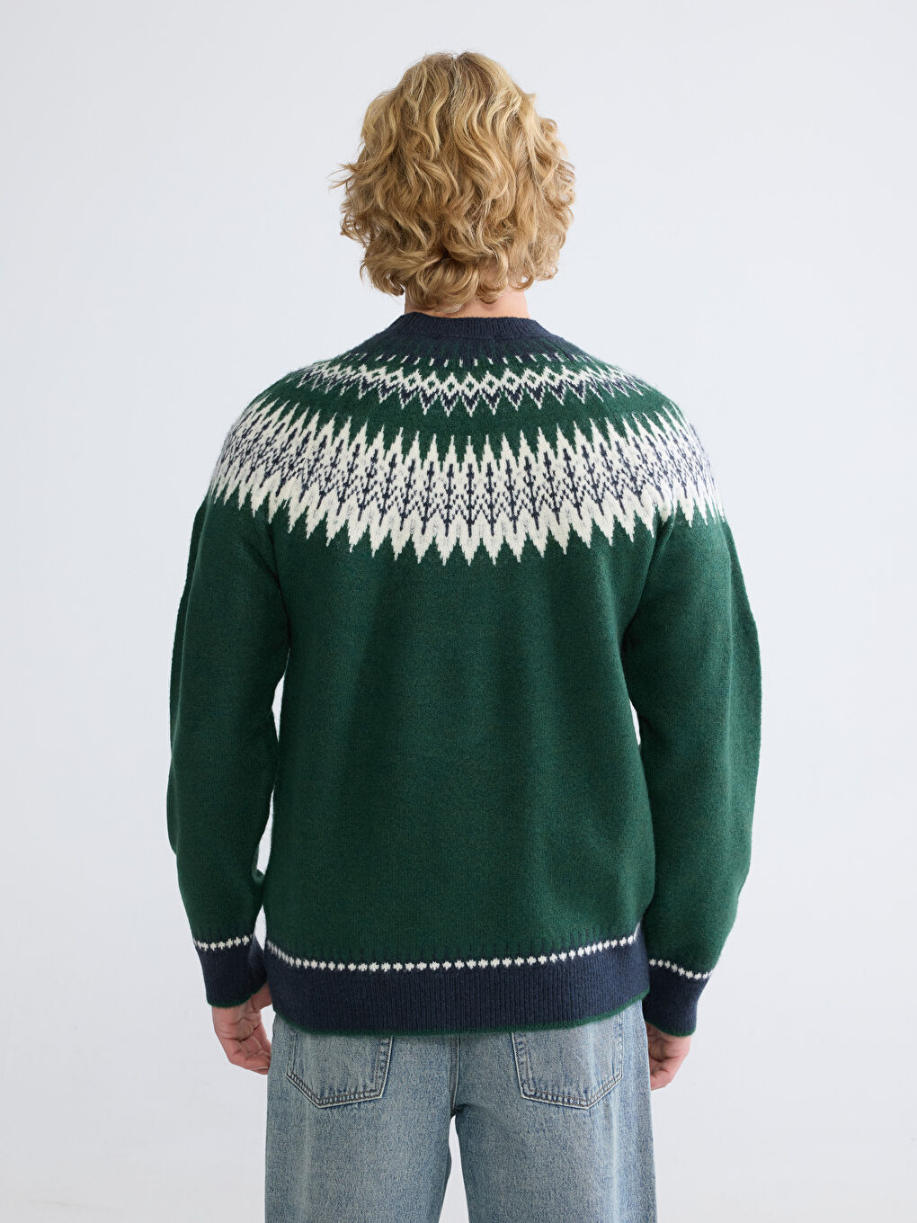 Yeşil Bisiklet Yaka Desenli Erkek Triko Kazak-3