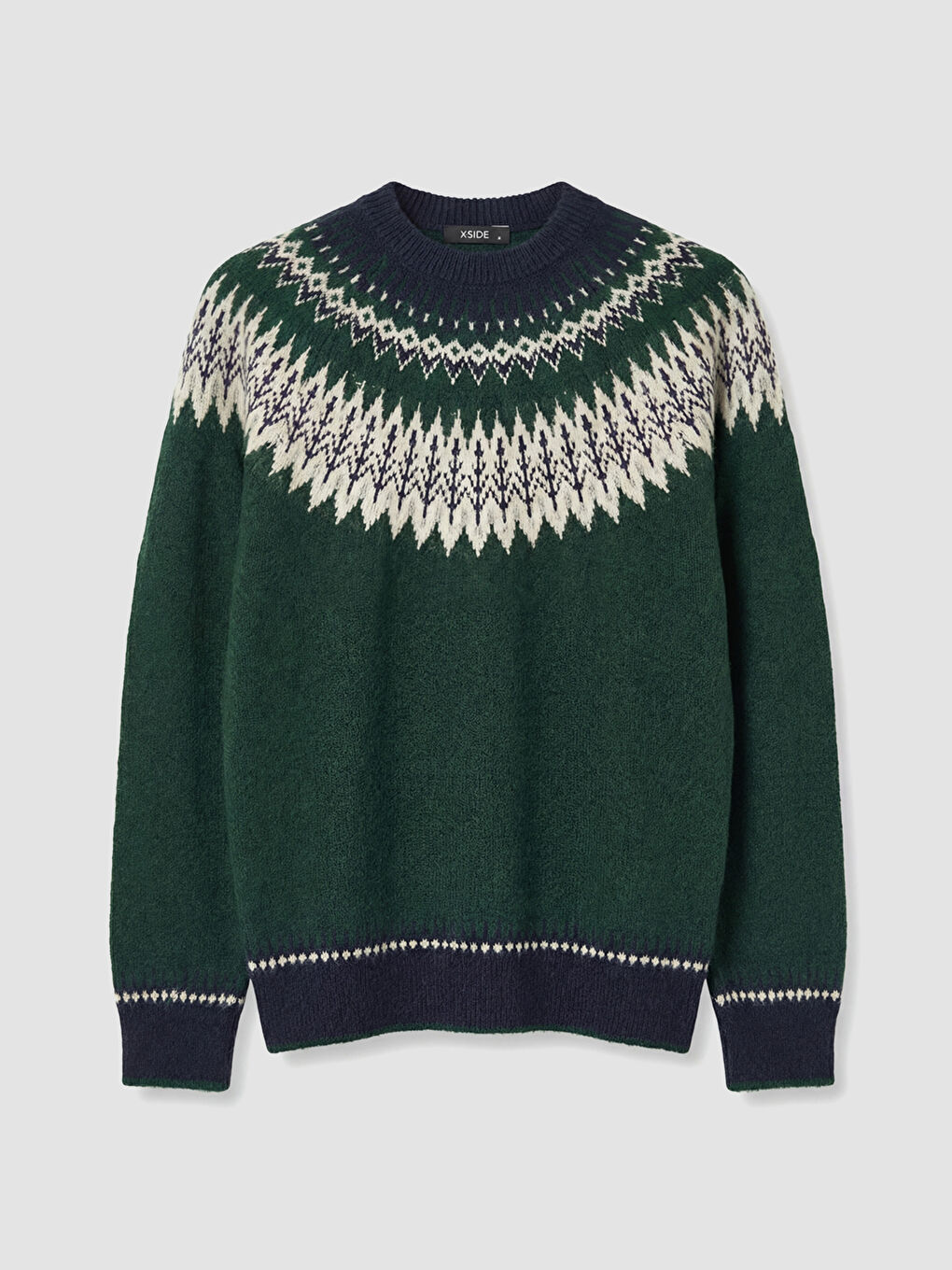 Yeşil Bisiklet Yaka Desenli Erkek Triko Kazak-4