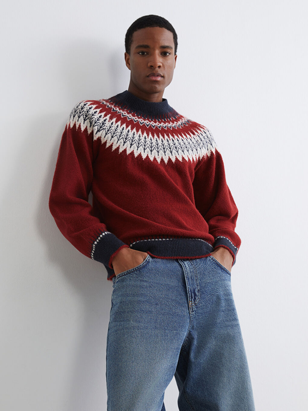 Kırmızı Bisiklet Yaka Desenli Erkek Triko Kazak