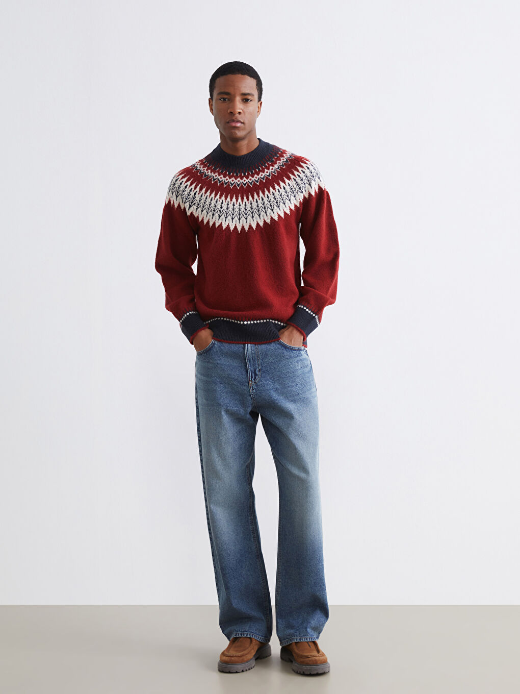 Kırmızı Bisiklet Yaka Desenli Erkek Triko Kazak-1