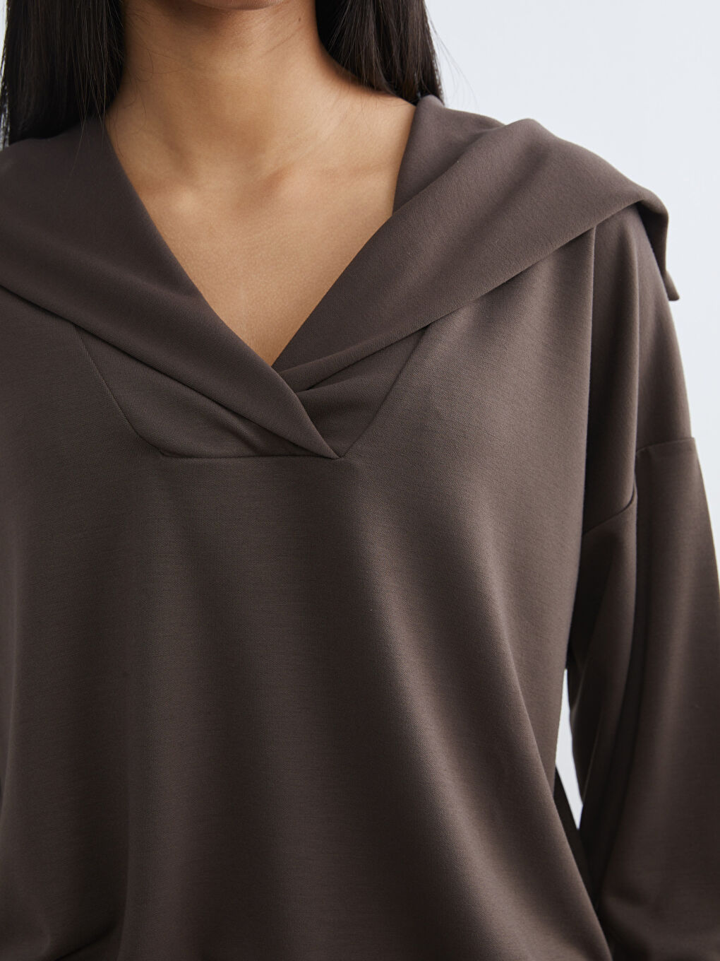 Kahverengi Polo Yaka Oversize Kadın Sweatshirt-2