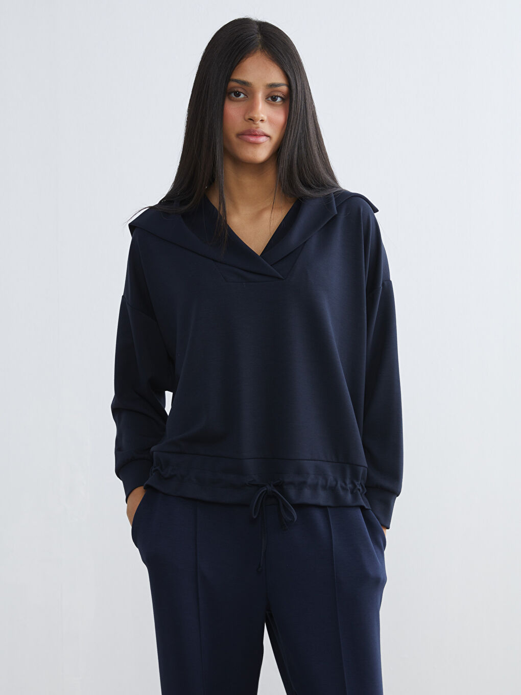 Lacivert Polo Yaka Oversize Kadın Sweatshirt