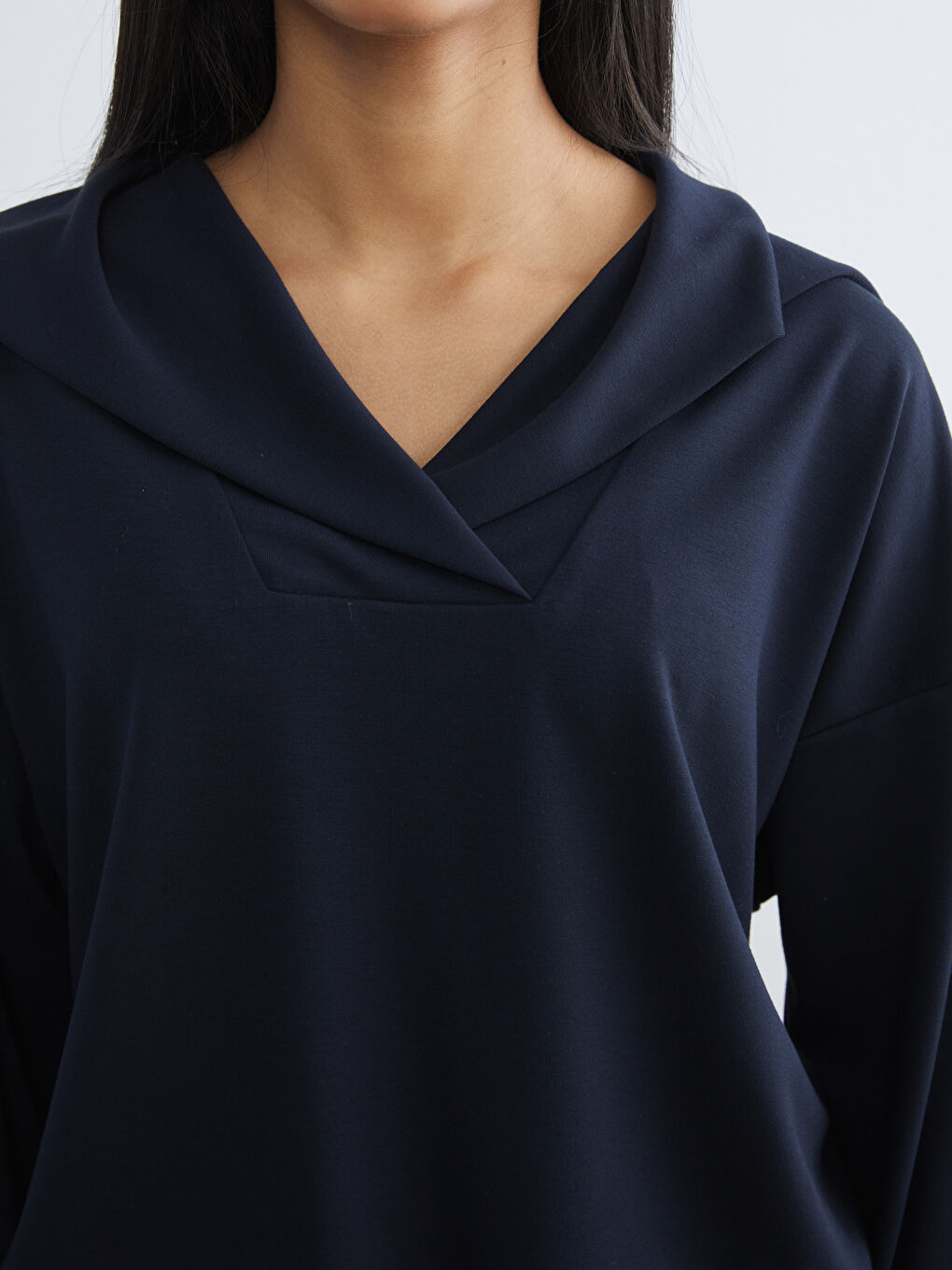 Lacivert Polo Yaka Oversize Kadın Sweatshirt-2