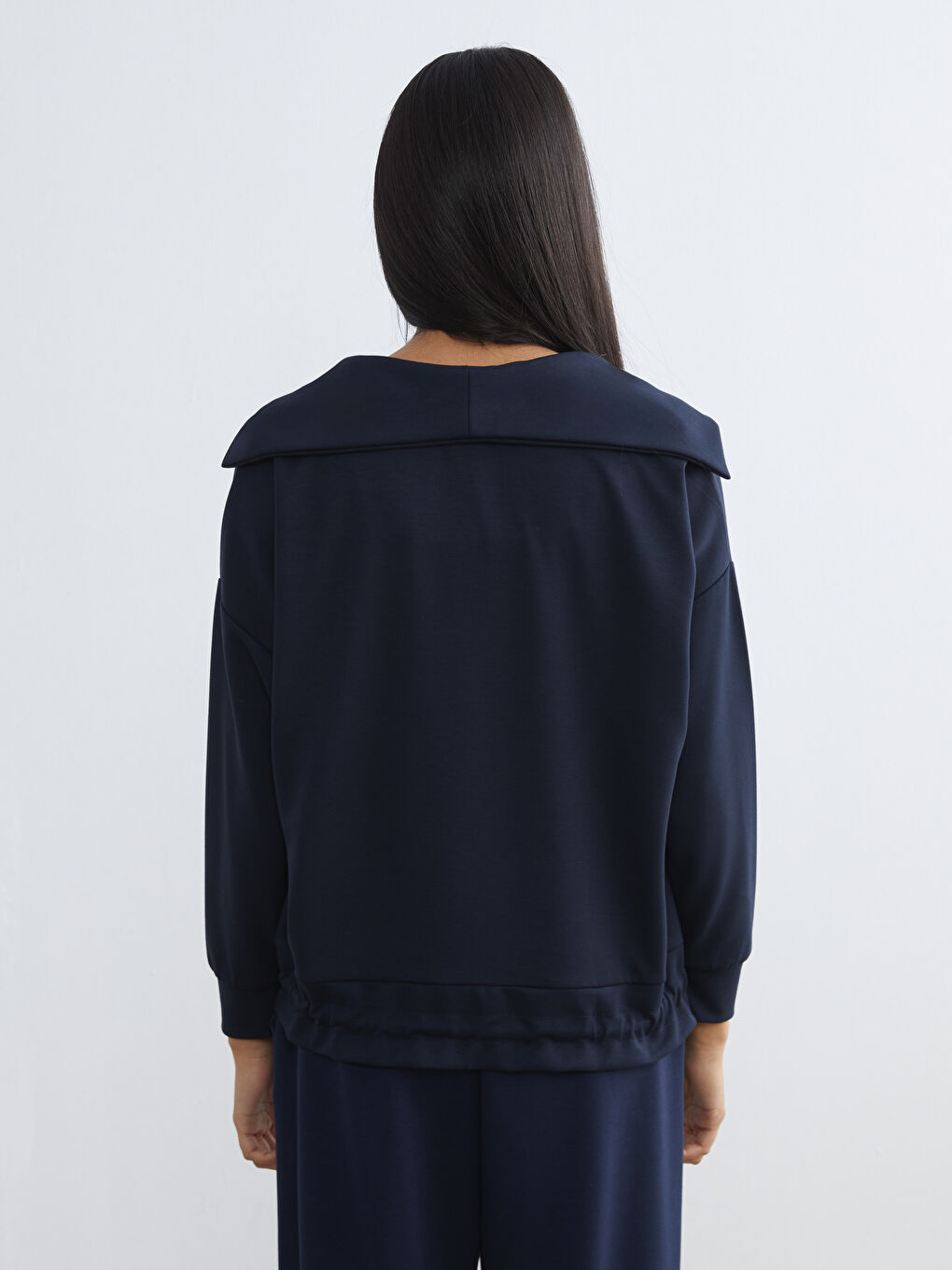 Lacivert Polo Yaka Oversize Kadın Sweatshirt-3