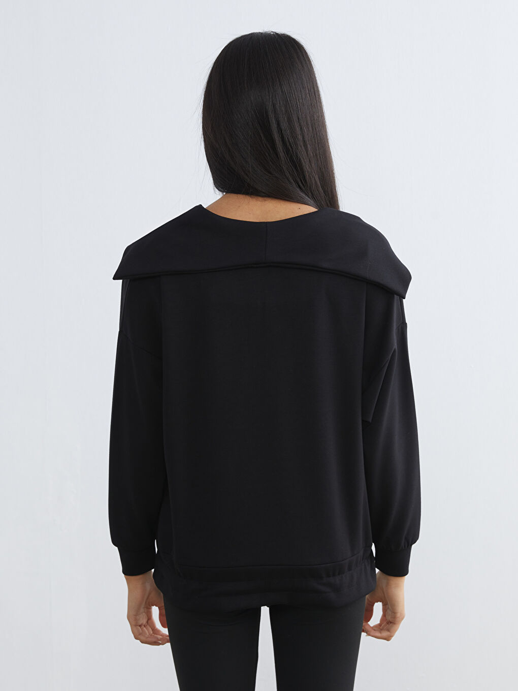 Siyah Polo Yaka Oversize Kadın Sweatshirt-6