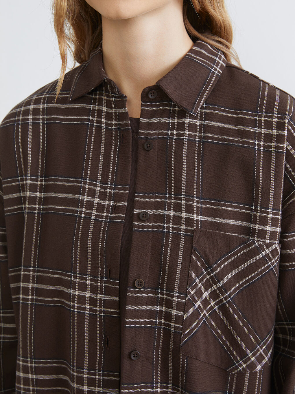 Kahverengi Ekose Oversize Kadın Gömlek-2