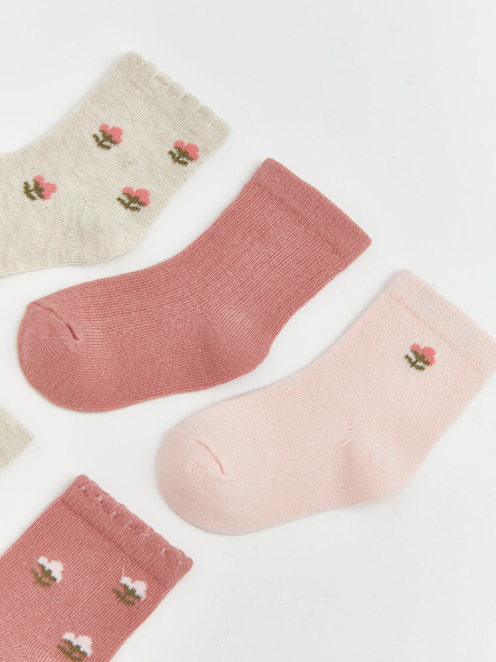 Ekru Çiçekli Kız Bebek Soket Çorap 5'li-1