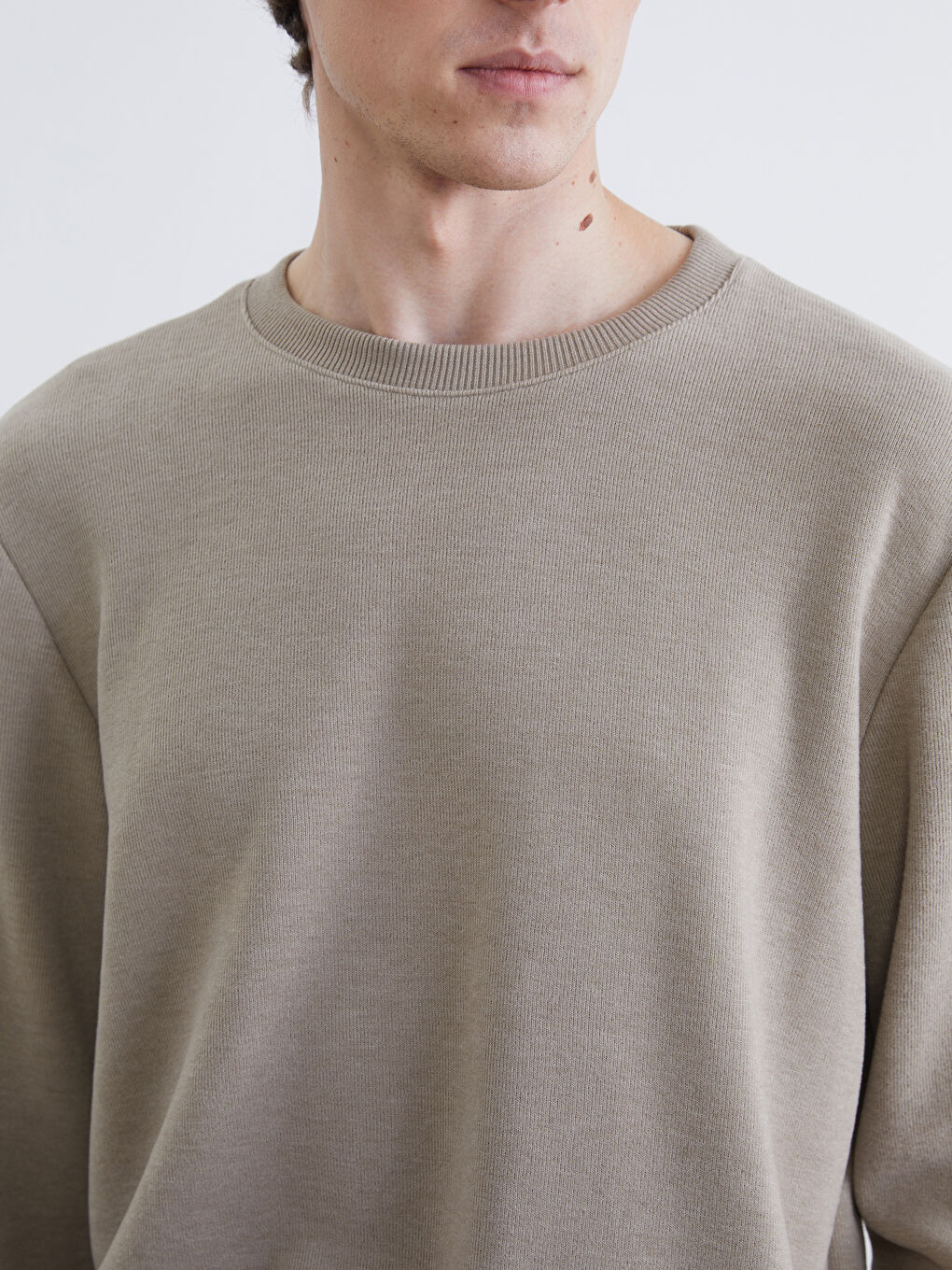 Bej Bisiklet Yaka Erkek Sweatshirt-2