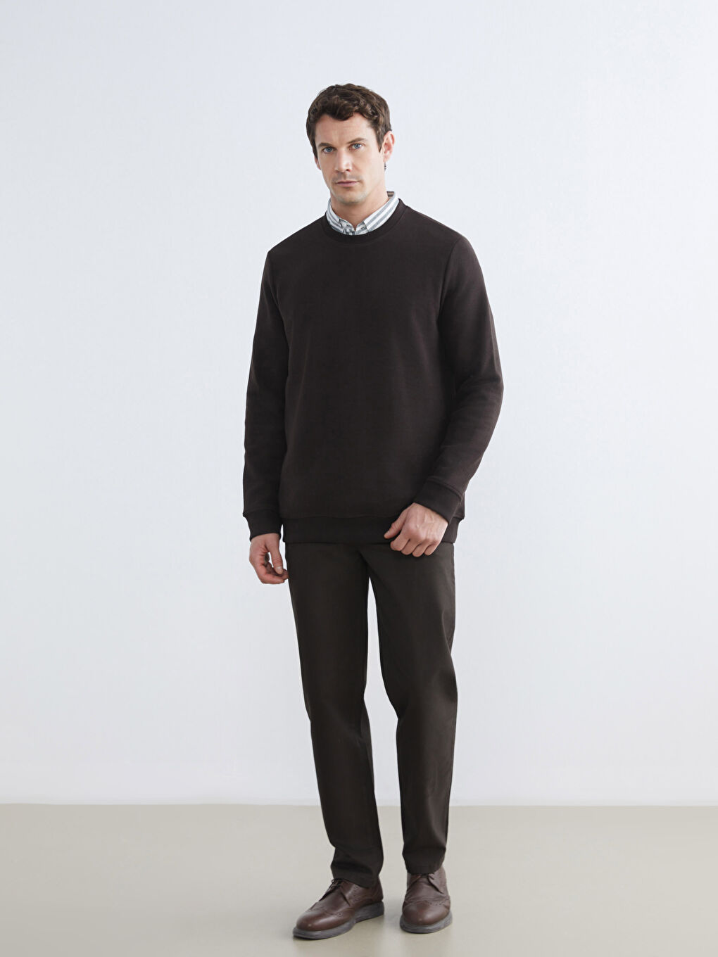 Kahverengi Bisiklet Yaka Erkek Sweatshirt-1