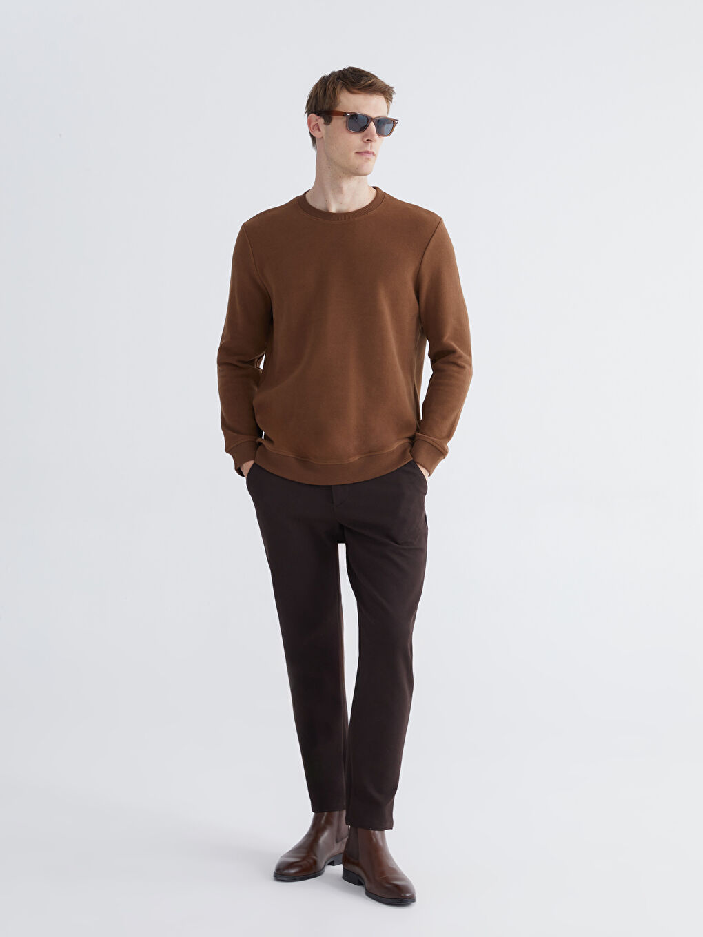 Kahverengi Bisiklet Yaka Erkek Sweatshirt-1