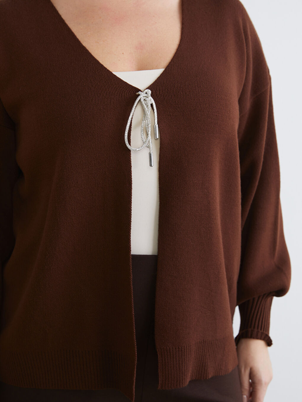 Kahverengi Büyük Beden V Yaka Kadın Triko Hırka-2