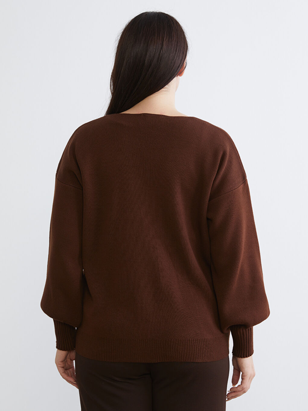 Kahverengi Büyük Beden V Yaka Kadın Triko Hırka-3