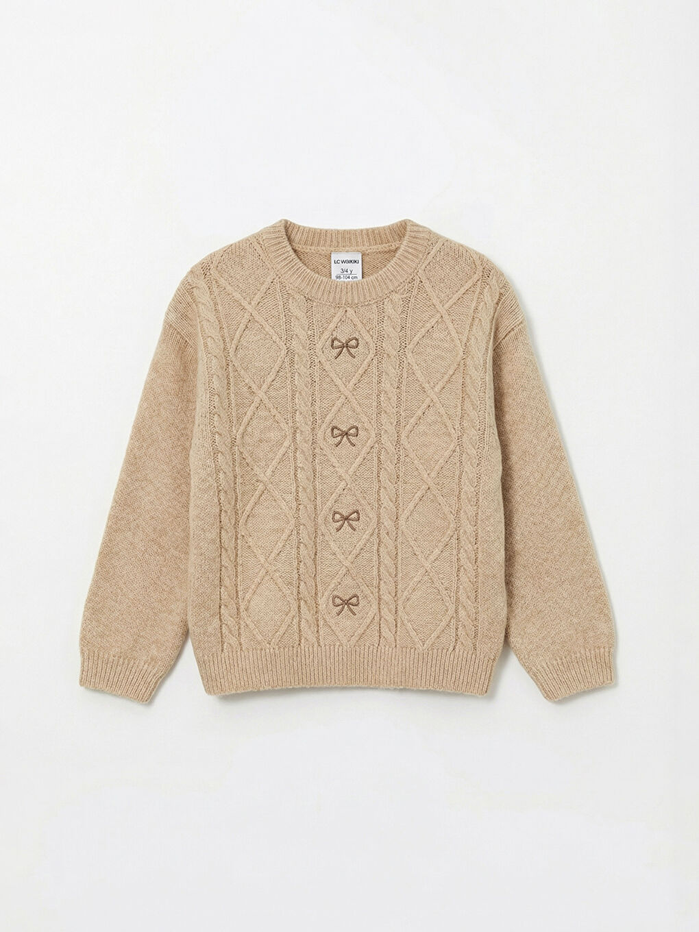 Bej Fiyonk Nakışlı Kız Bebek Triko Kazak ve Pantolon-1