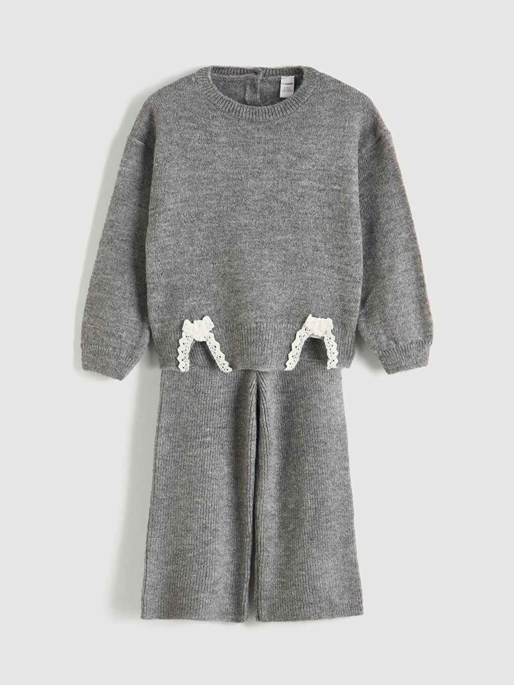 Gri Bisiklet Yaka Fiyonk Detaylı Kız Bebek Triko Takım