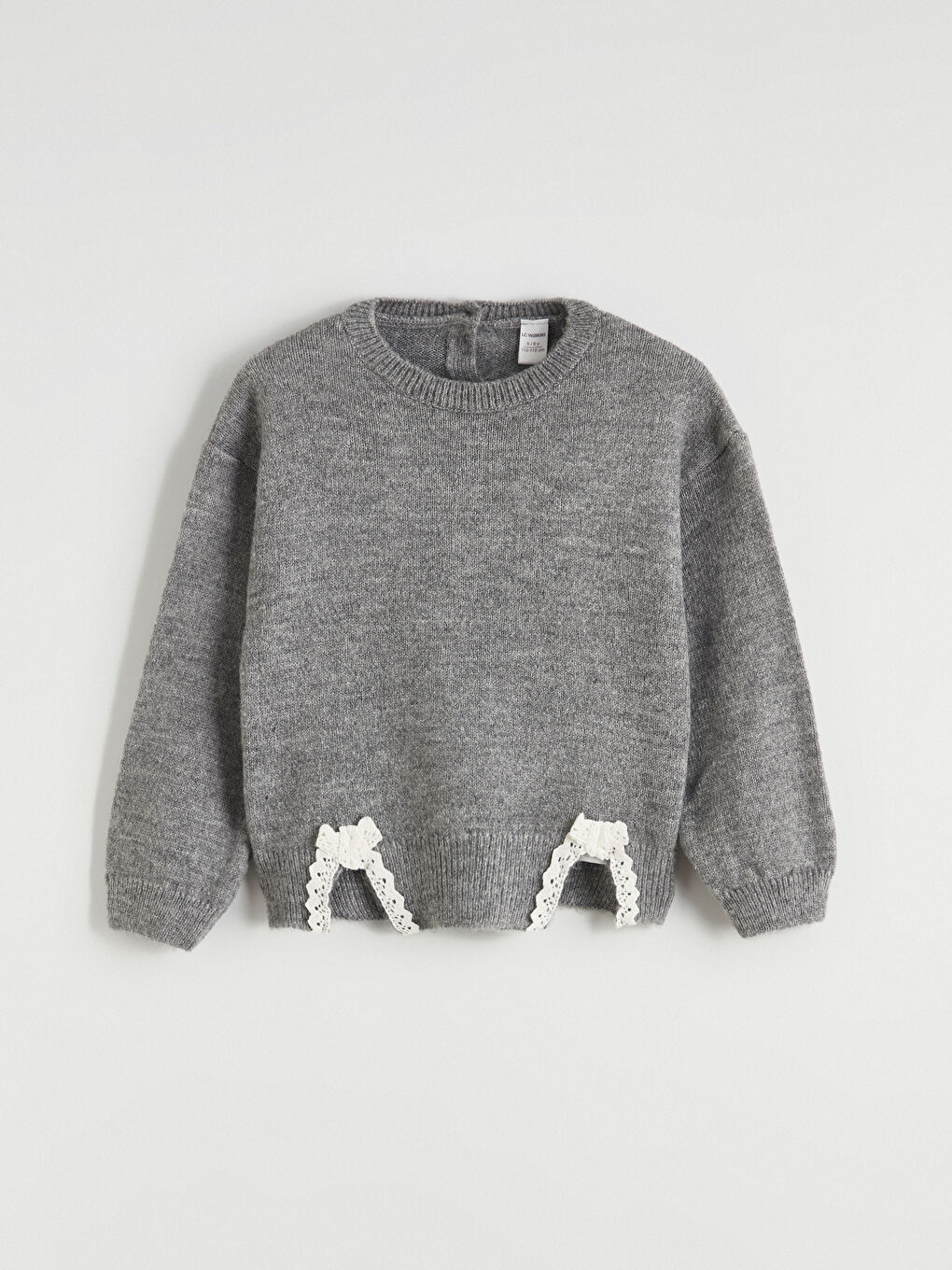 Gri Bisiklet Yaka Fiyonk Detaylı Kız Bebek Triko Takım-1