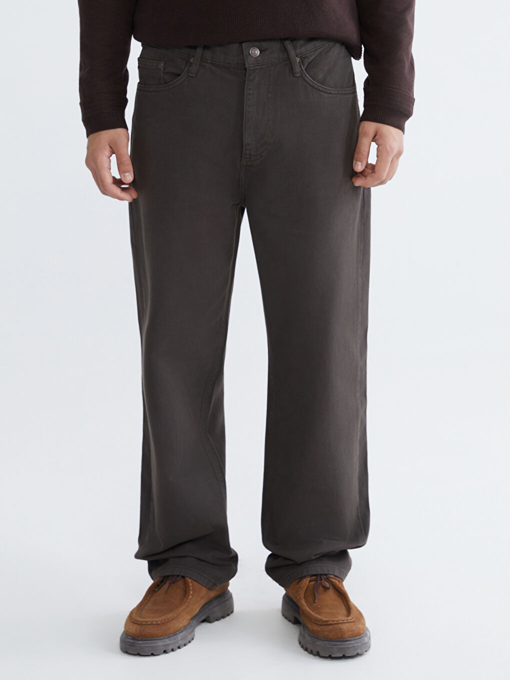Kahverengi Standart Kalıp Gabardin Erkek Pantolon-1