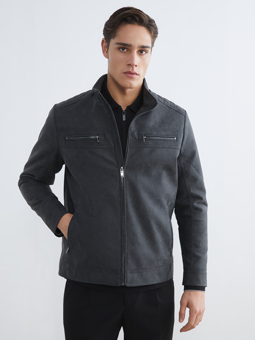 Gri Standart Kalıp Dik Yaka Erkek Mont