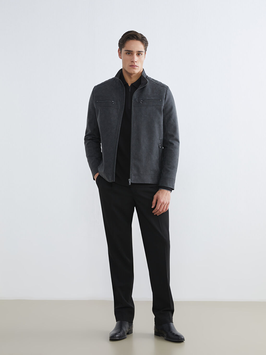 Gri Standart Kalıp Dik Yaka Erkek Mont-1