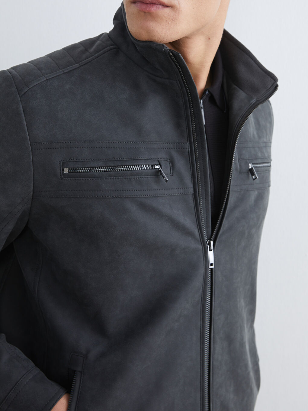 Gri Standart Kalıp Dik Yaka Erkek Mont-2