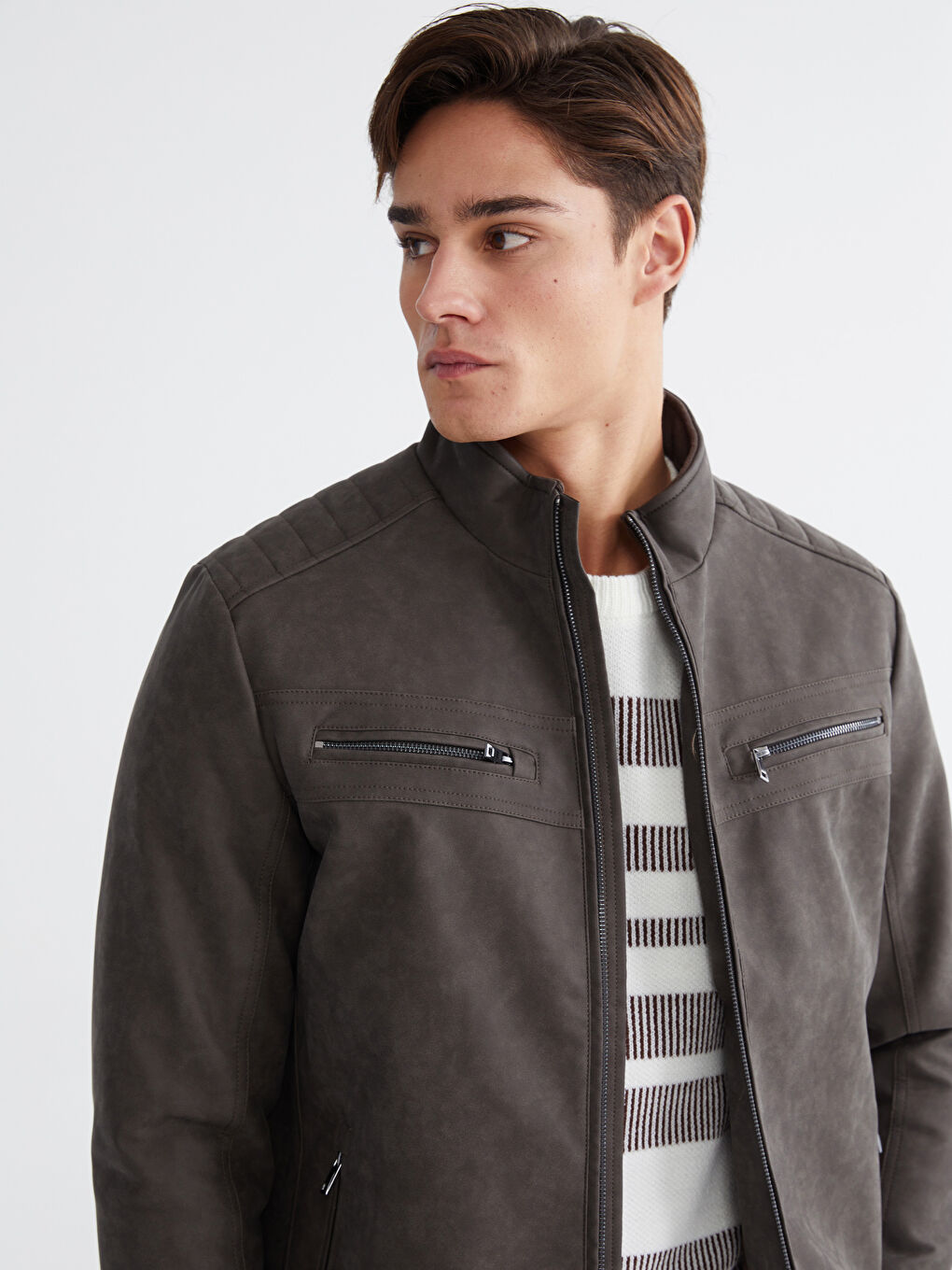 Bej Standart Kalıp Dik Yaka Erkek Mont