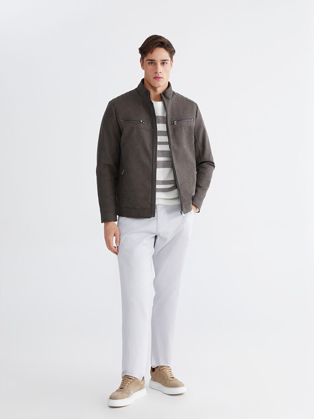 Bej Standart Kalıp Dik Yaka Erkek Mont-1