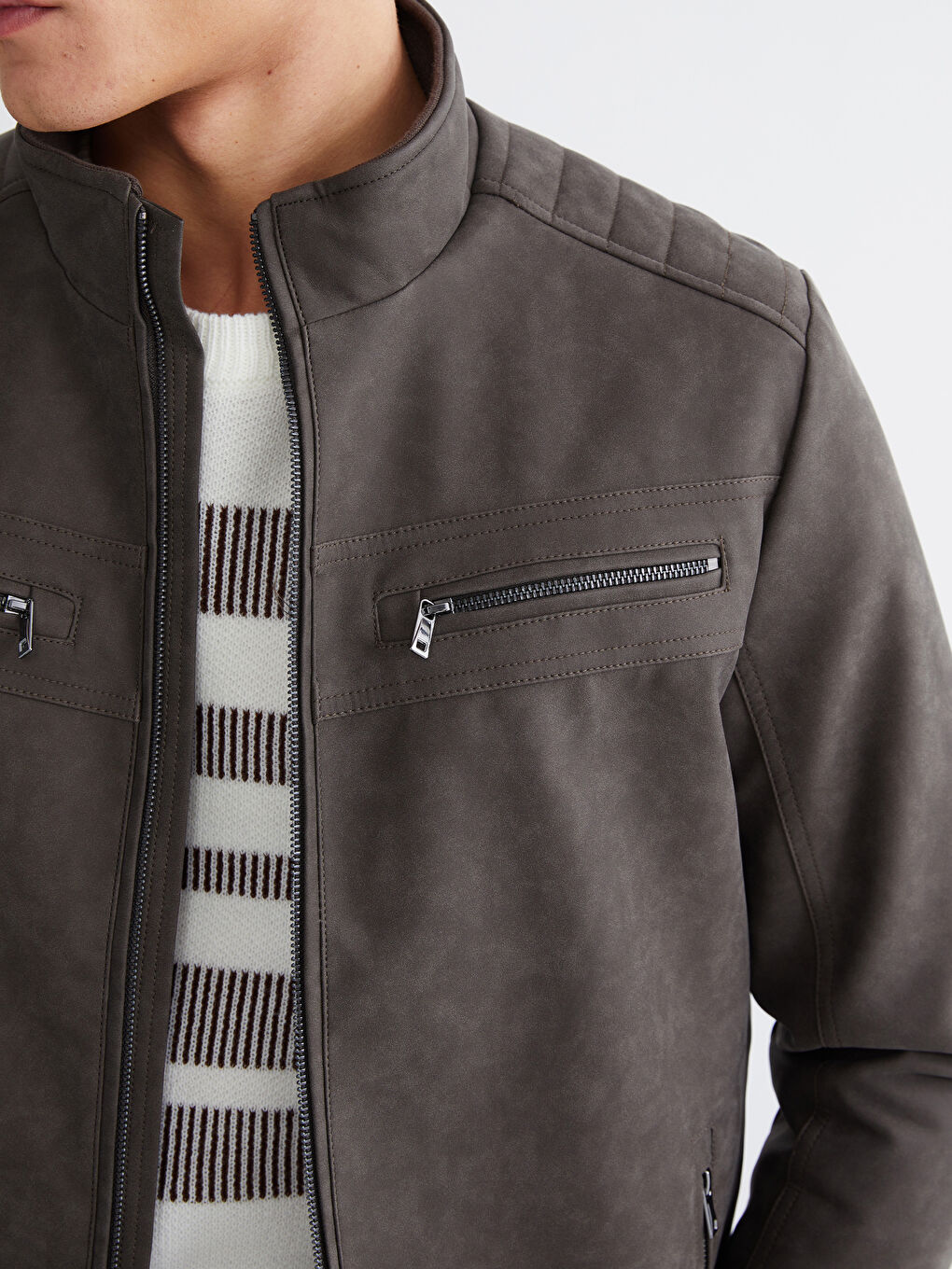 Bej Standart Kalıp Dik Yaka Erkek Mont-2