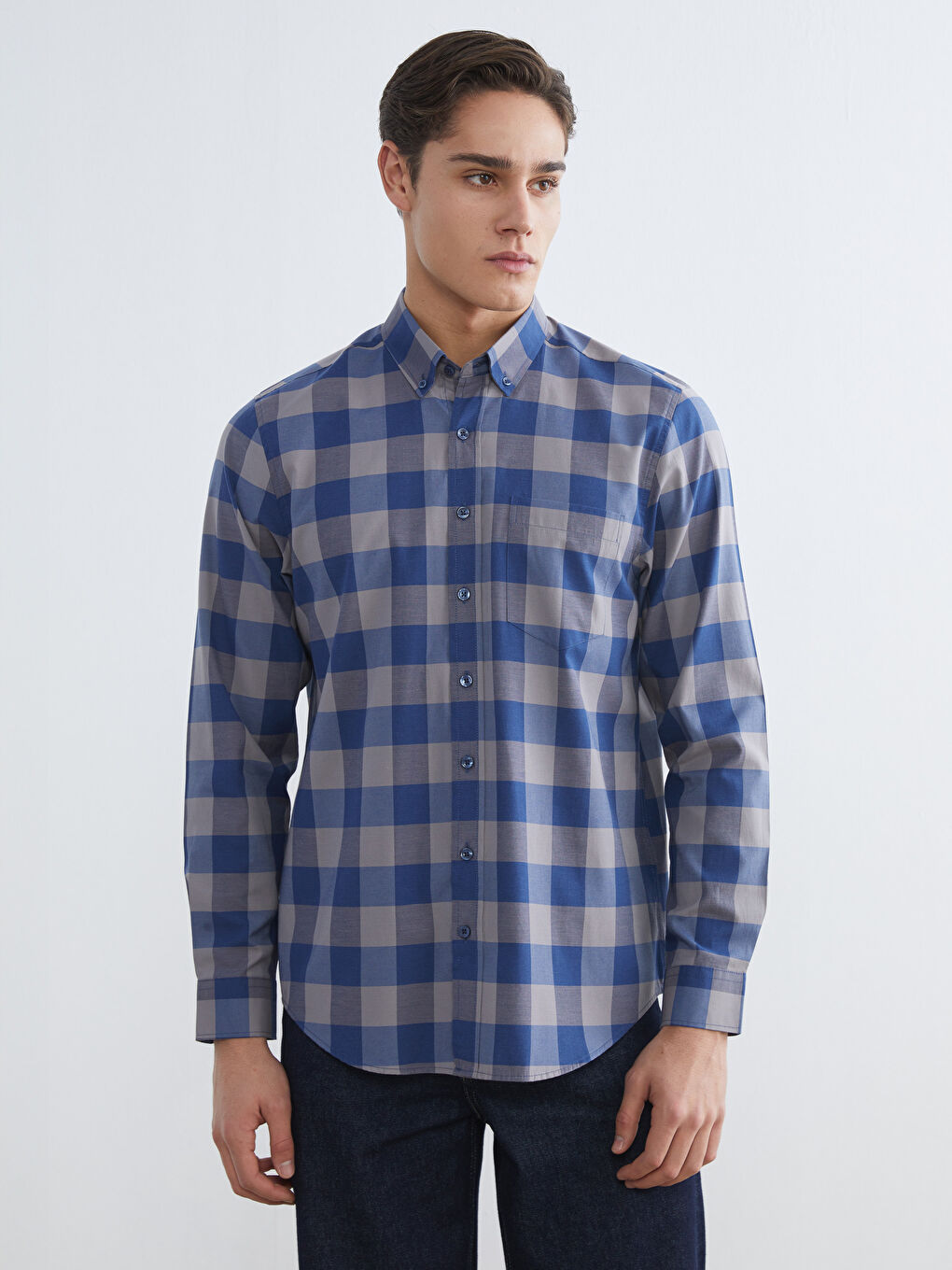 Lacivert Regular Fit Ekose Poplin Erkek Gömlek