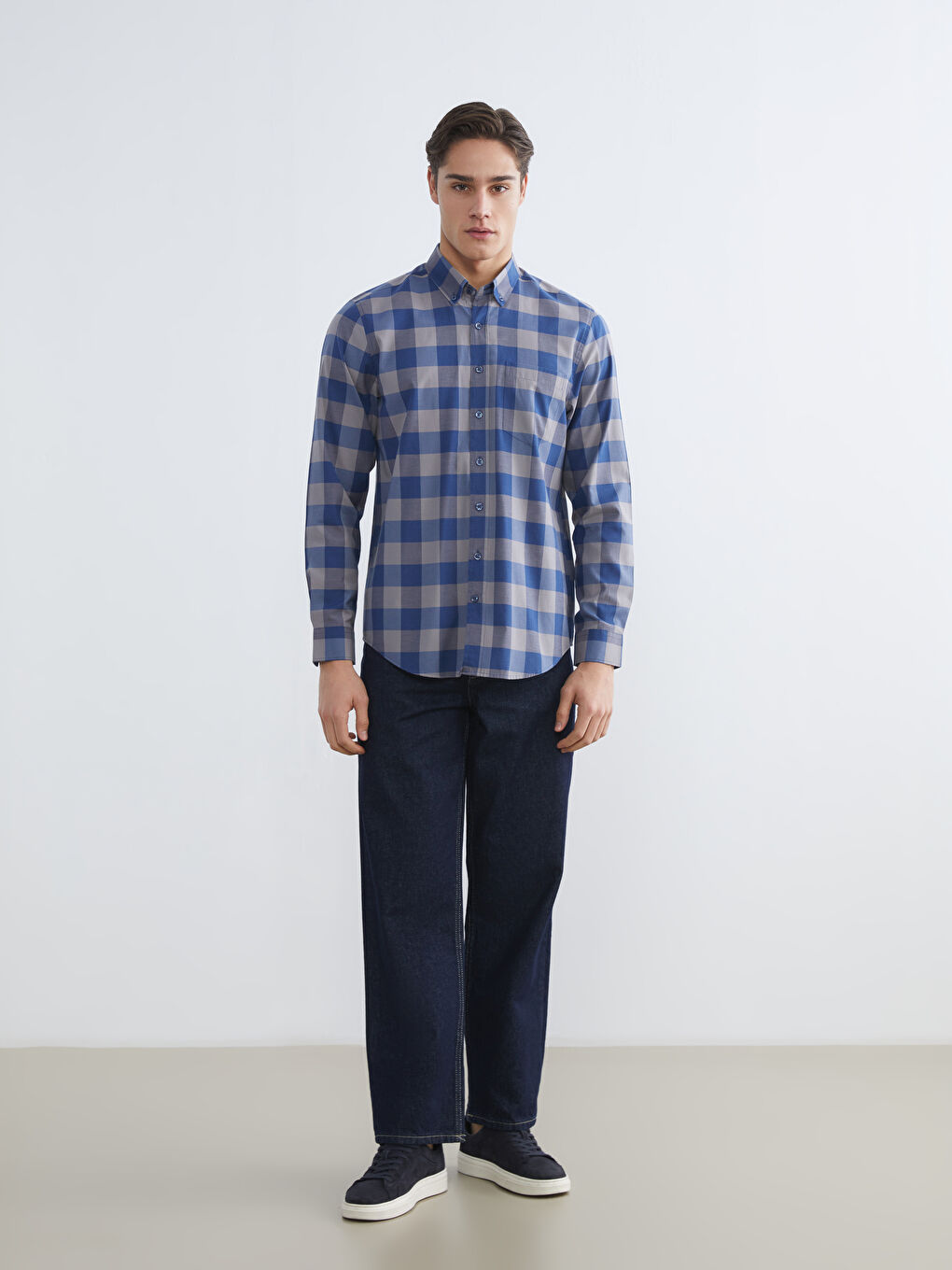 Lacivert Regular Fit Ekose Poplin Erkek Gömlek-1