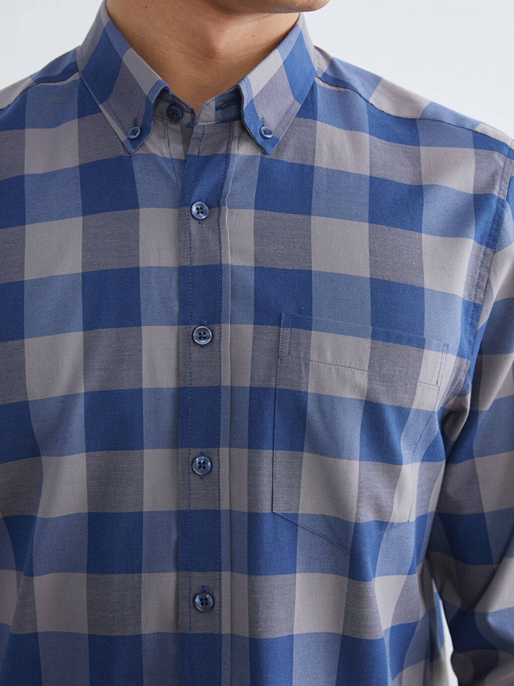 Lacivert Regular Fit Ekose Poplin Erkek Gömlek-2