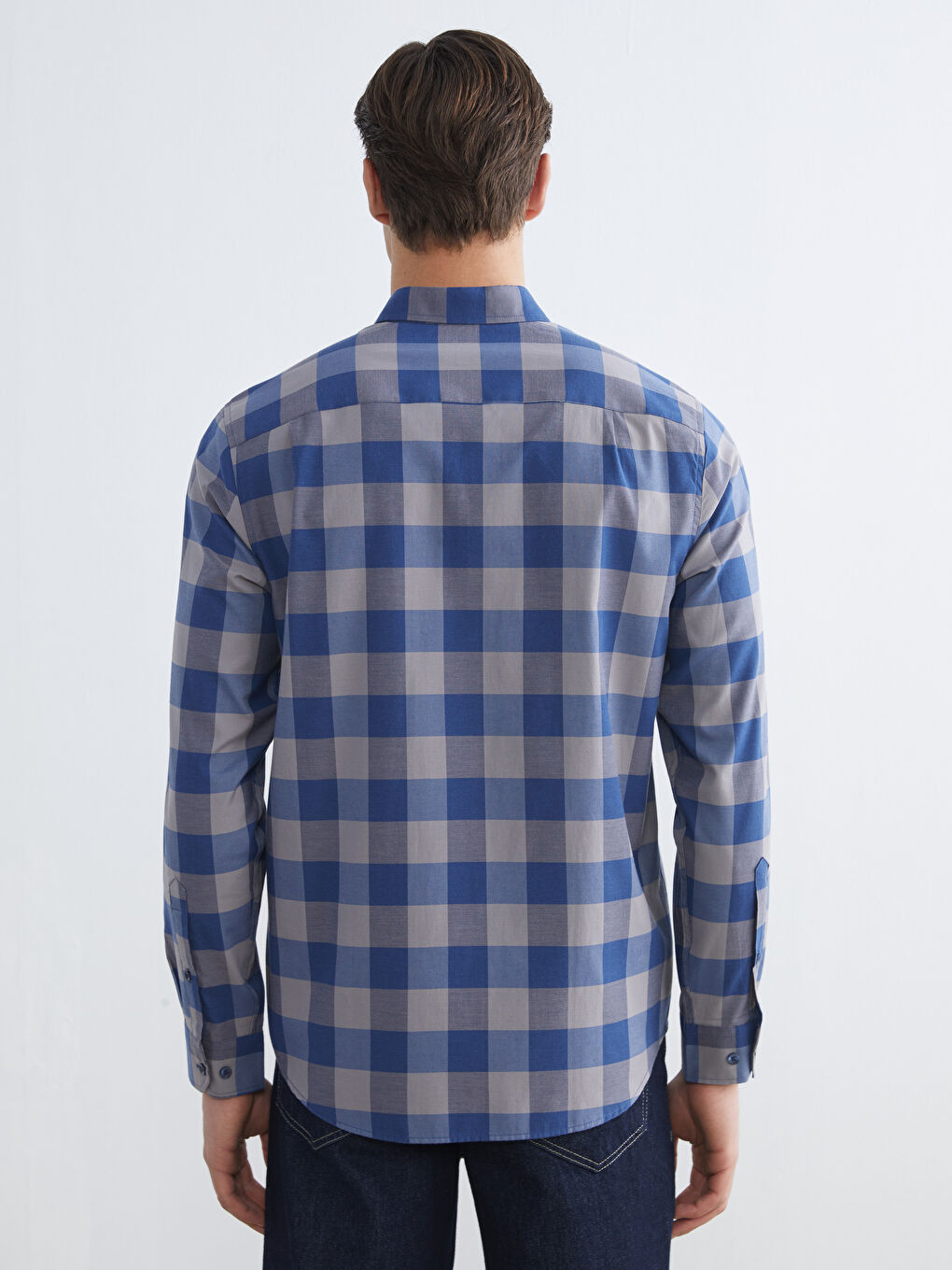 Lacivert Regular Fit Ekose Poplin Erkek Gömlek-3