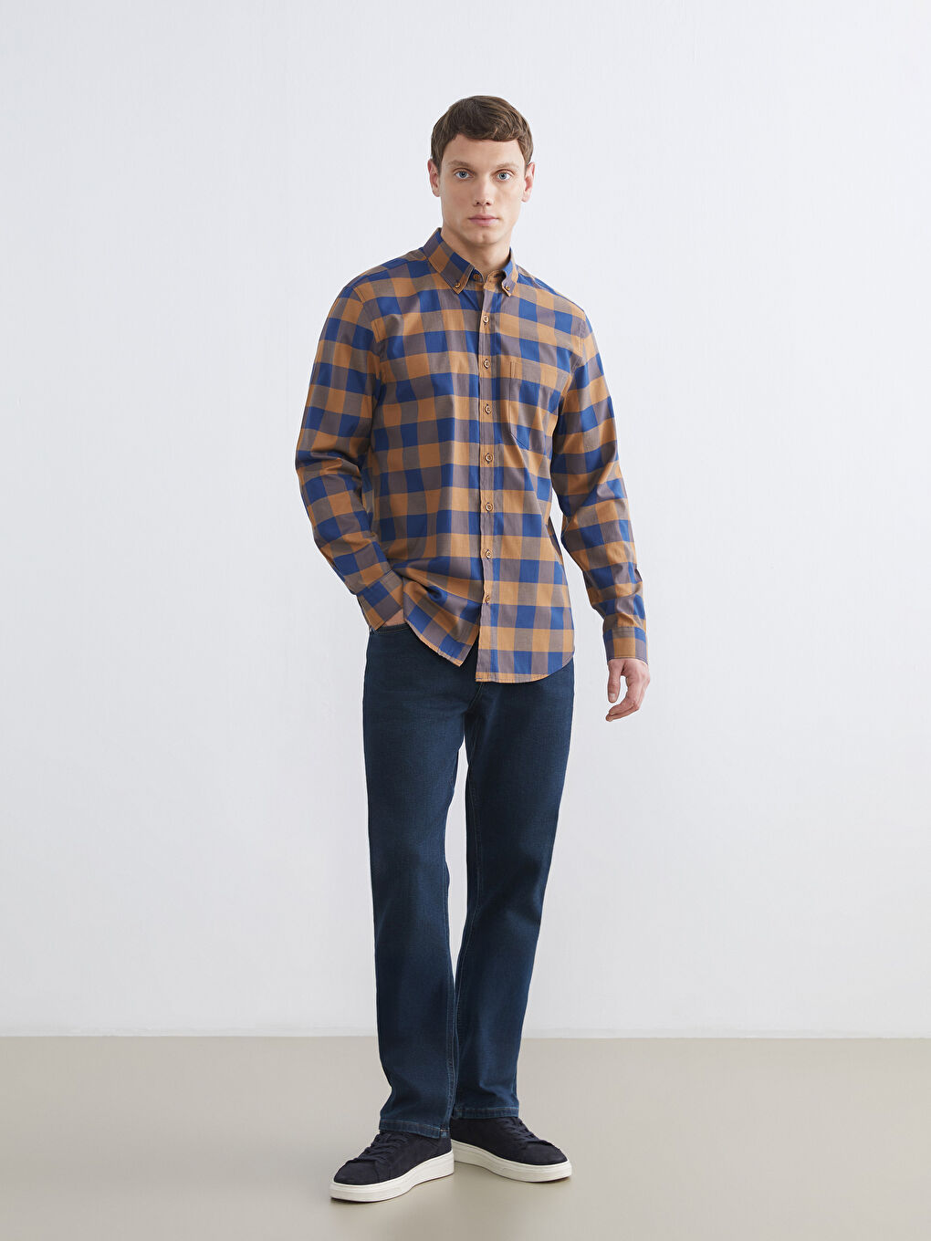 Bej Regular Fit Ekose Poplin Erkek Gömlek-1