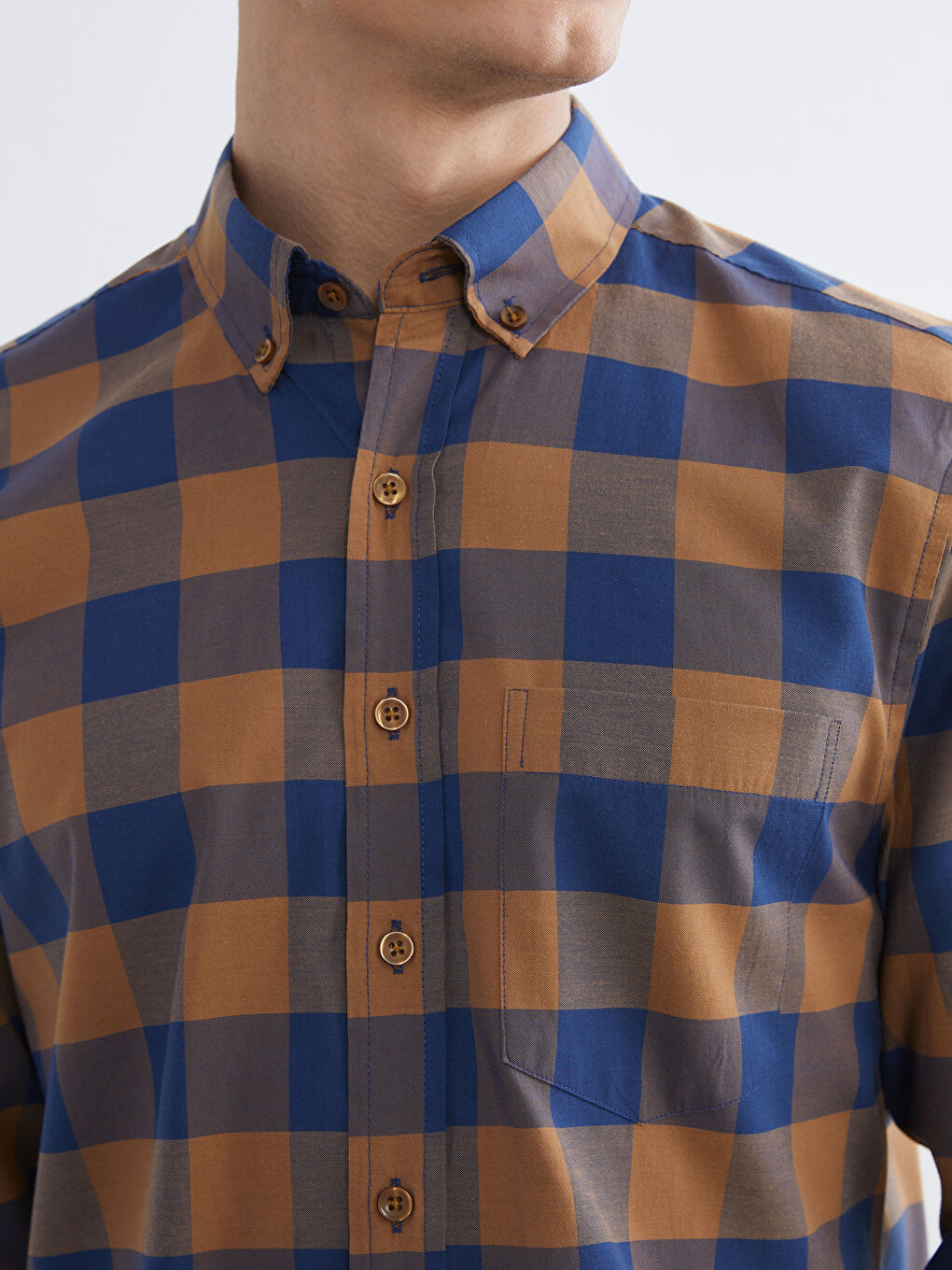 Bej Regular Fit Ekose Poplin Erkek Gömlek-2