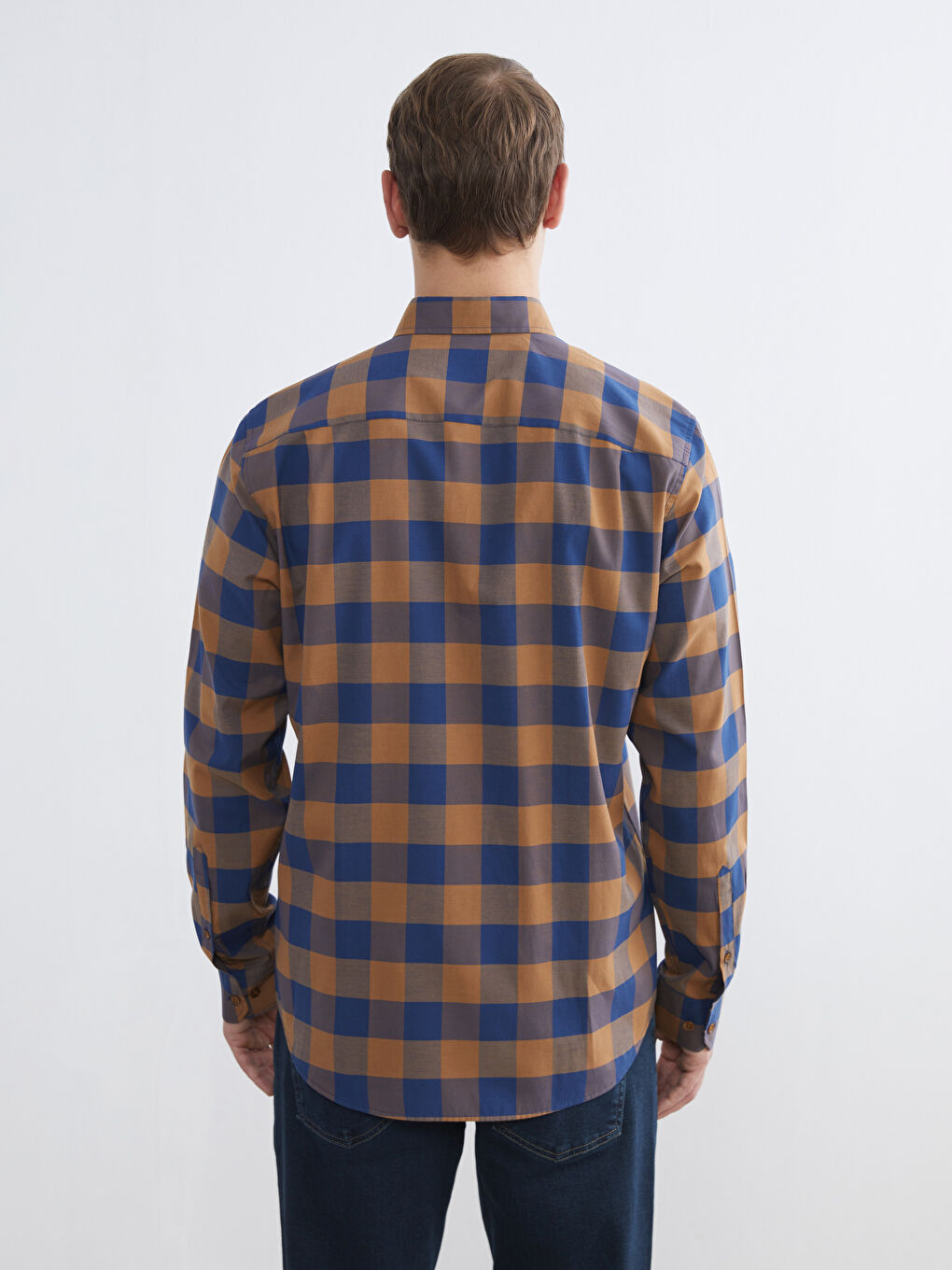 Bej Regular Fit Ekose Poplin Erkek Gömlek-3