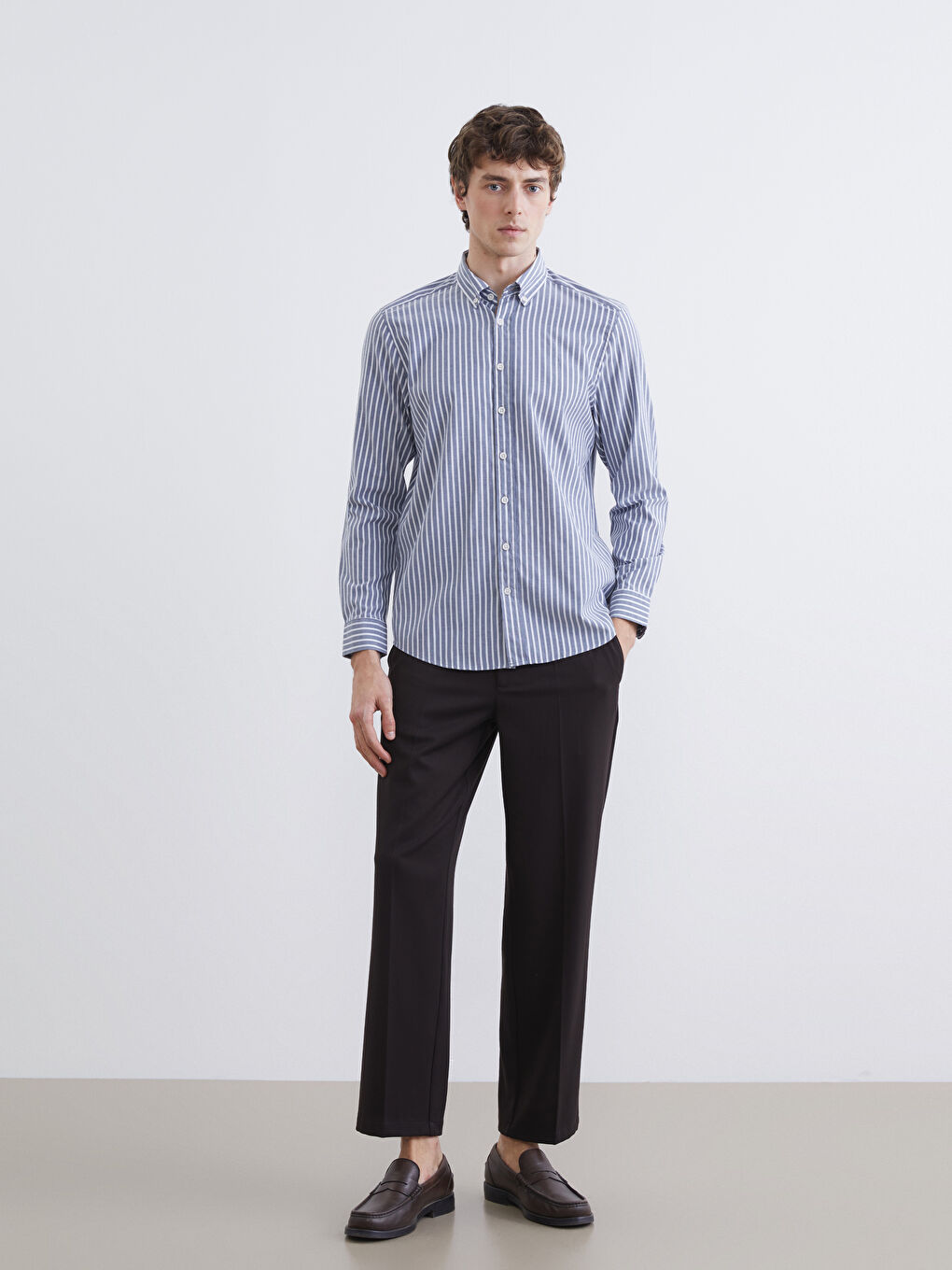 Lacivert Regular Fit Uzun Kollu Çizgili Erkek Gömlek-1