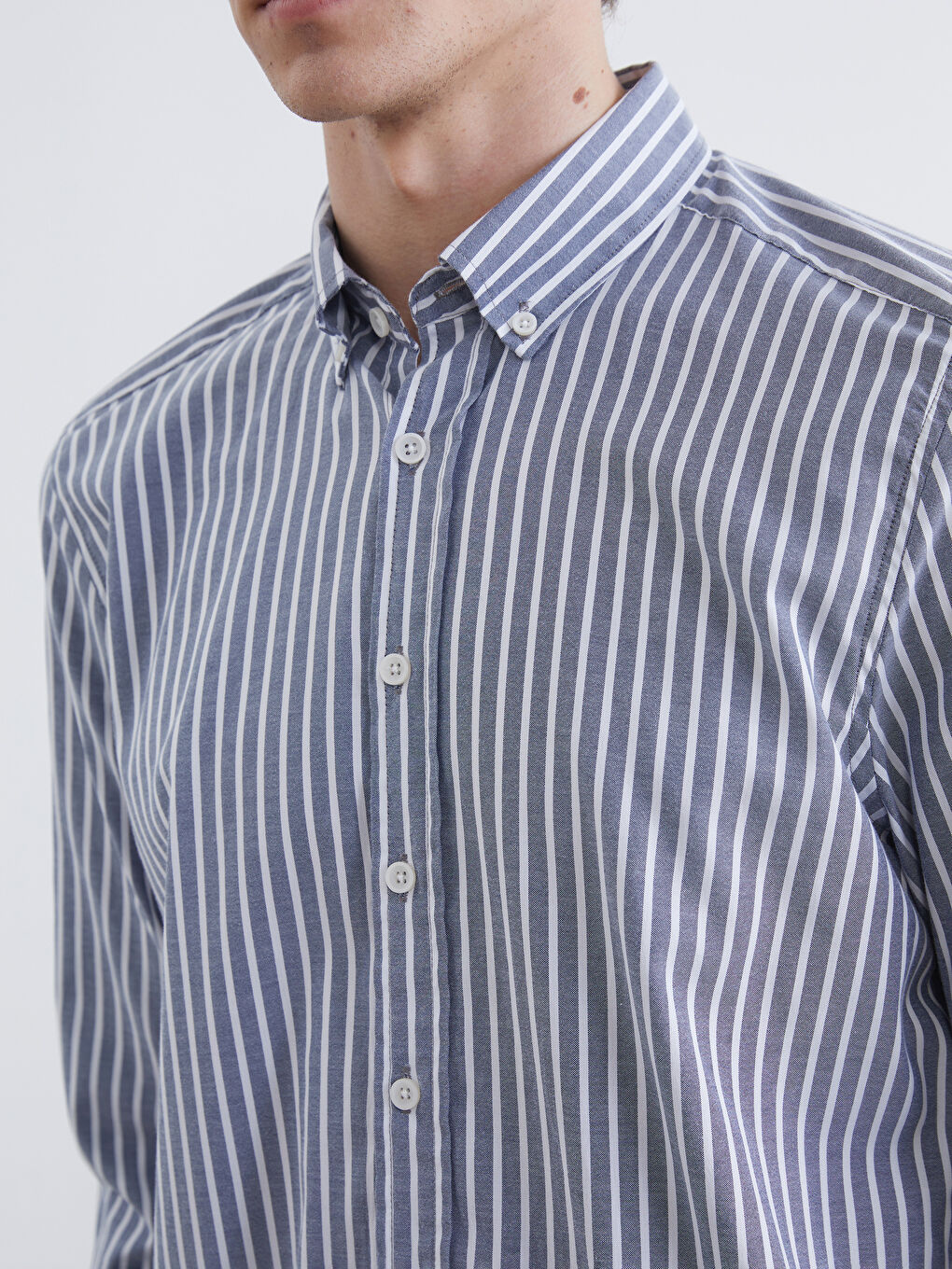Lacivert Regular Fit Uzun Kollu Çizgili Erkek Gömlek-2