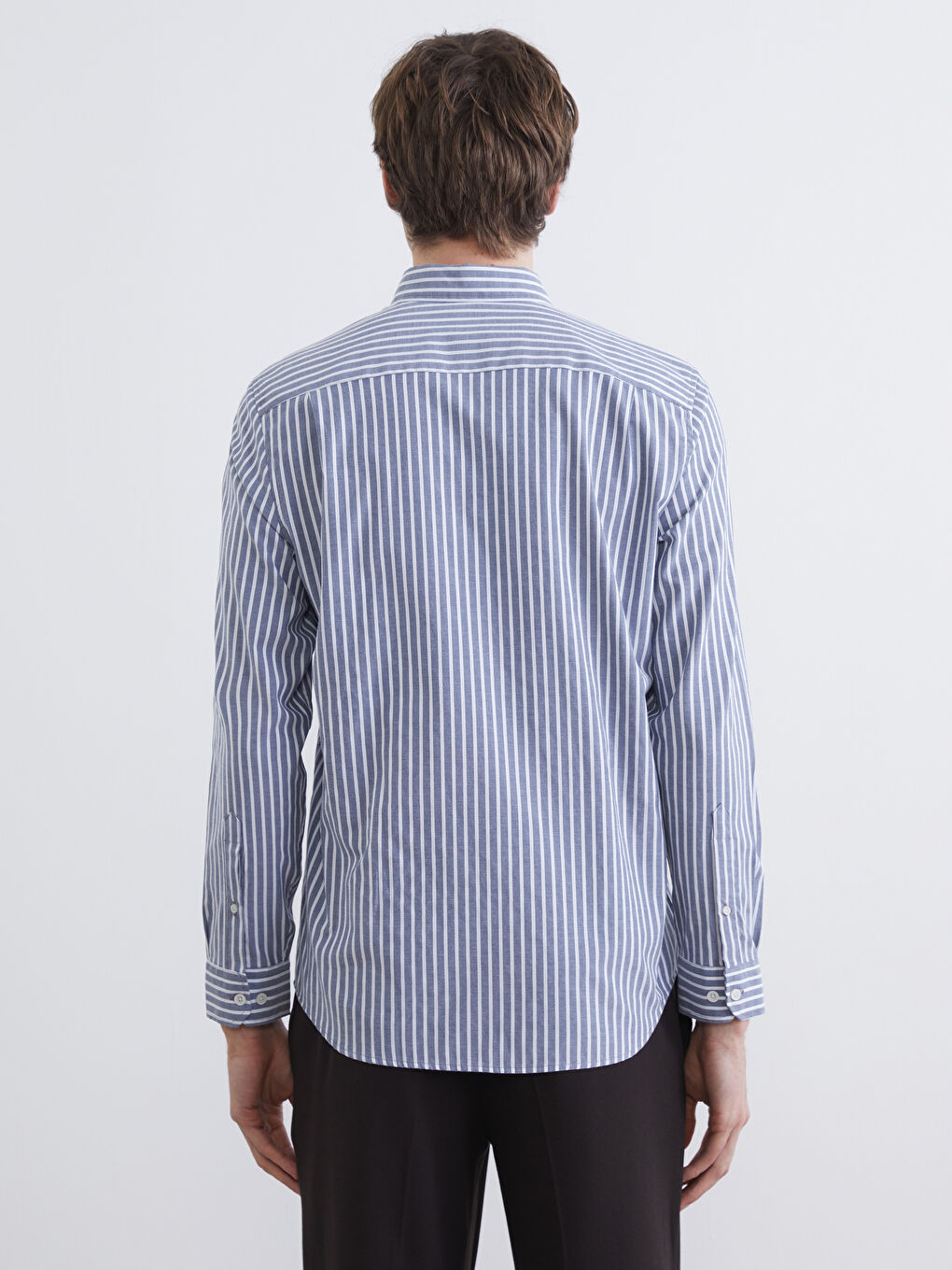 Lacivert Regular Fit Uzun Kollu Çizgili Erkek Gömlek-3