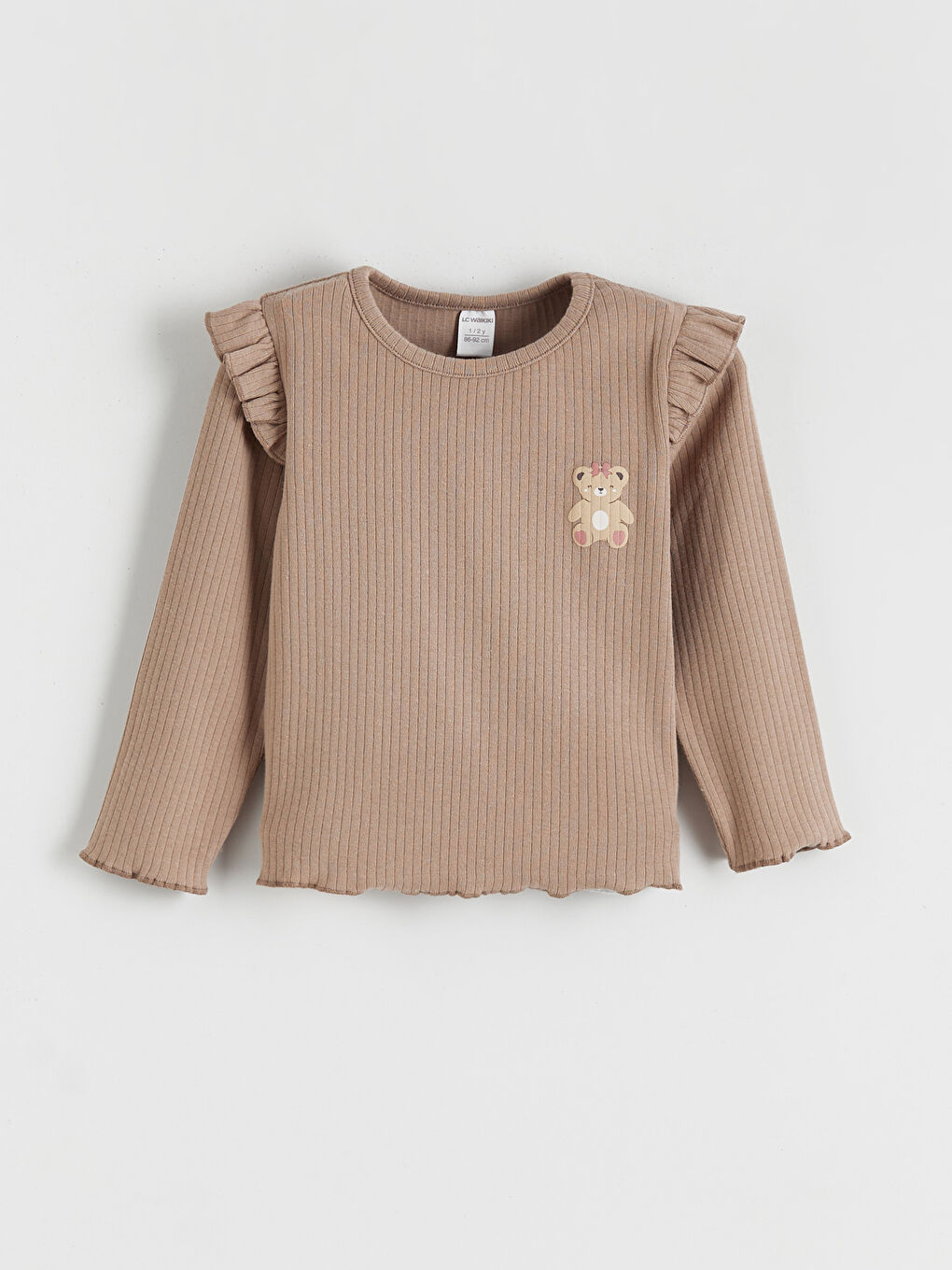 Kahverengi Bisiklet Yaka Ayıcık Nakışlı Kız Bebek Uzun Kollu Tişört