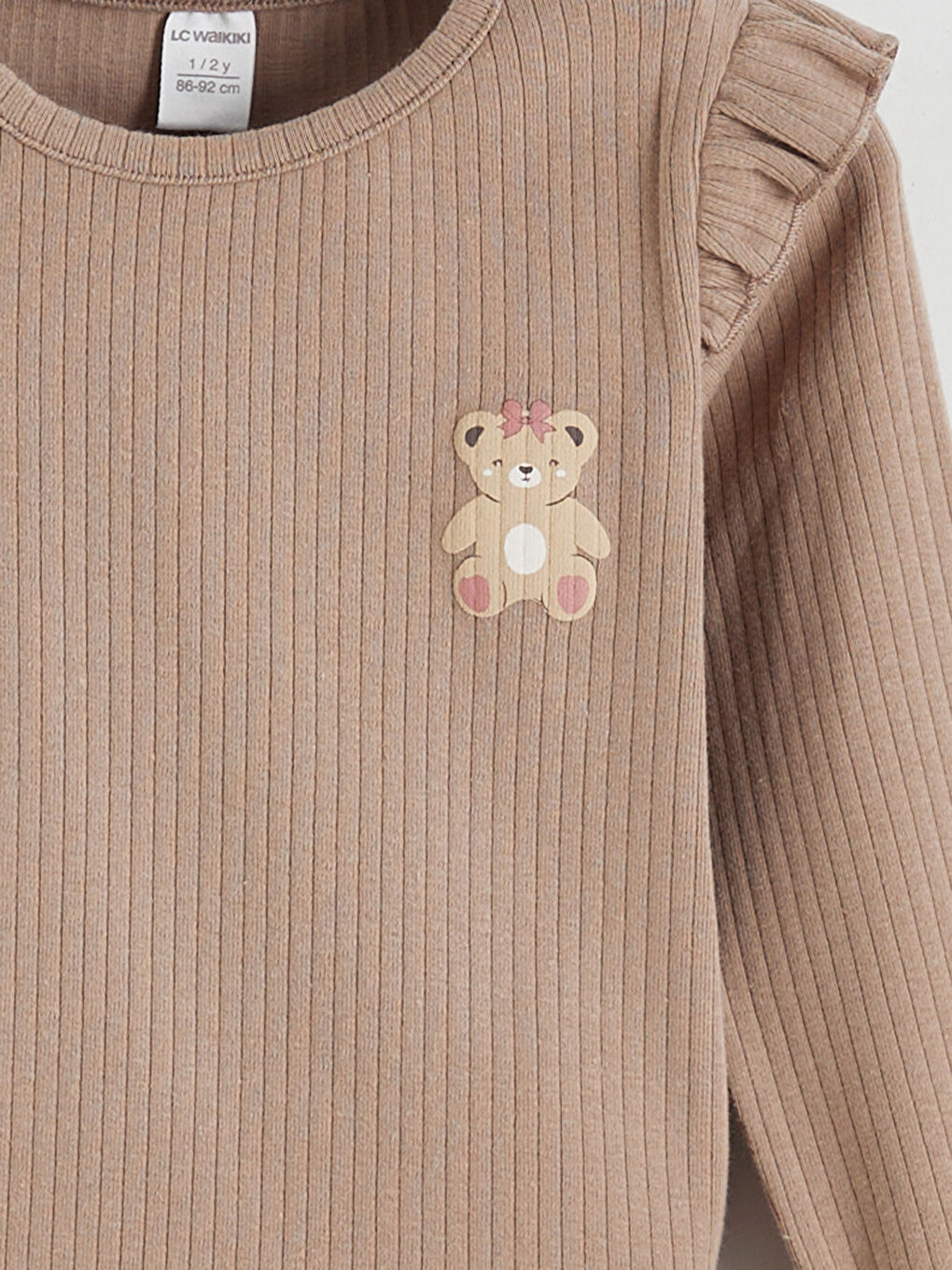 Kahverengi Bisiklet Yaka Ayıcık Nakışlı Kız Bebek Uzun Kollu Tişört-2