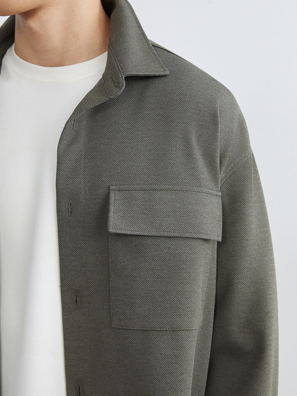 Haki Rahat Kalıp Uzun Kollu Erkek Gömlek Ceket-2