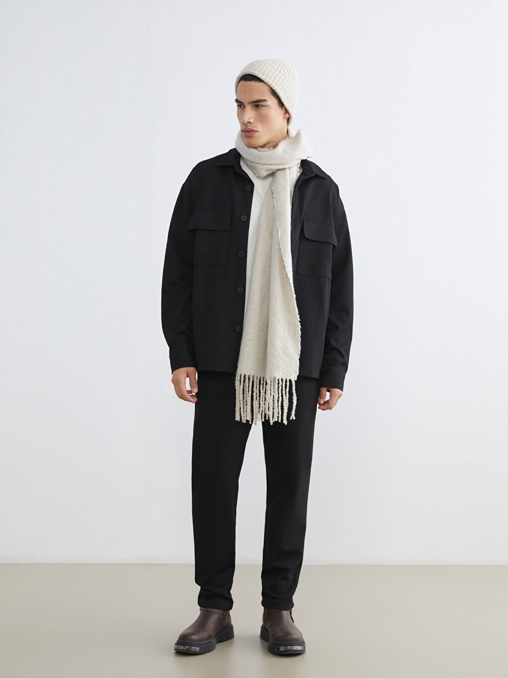 Siyah Rahat Kalıp Uzun Kollu Erkek Gömlek Ceket-1