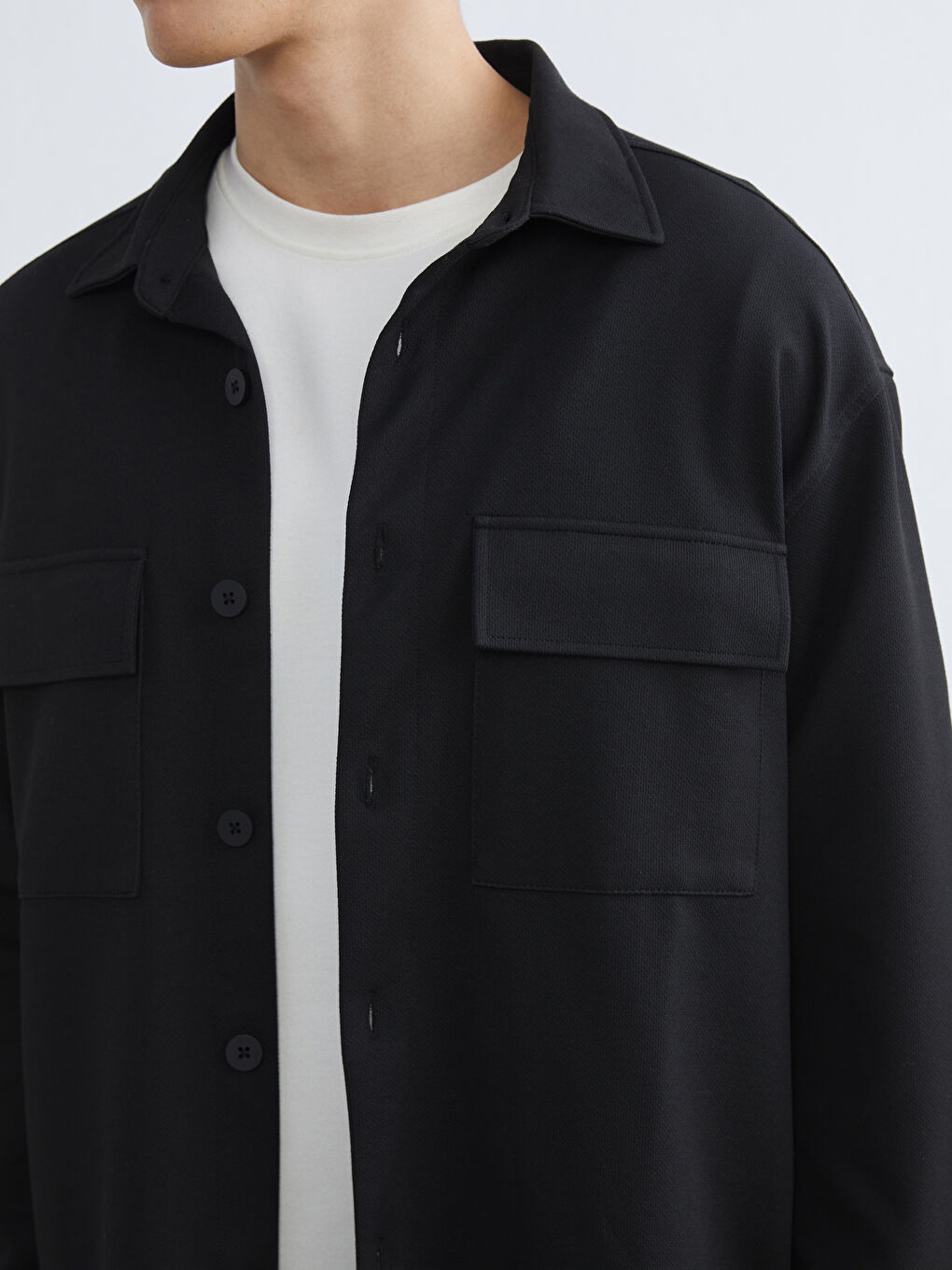 Siyah Rahat Kalıp Uzun Kollu Erkek Gömlek Ceket-2
