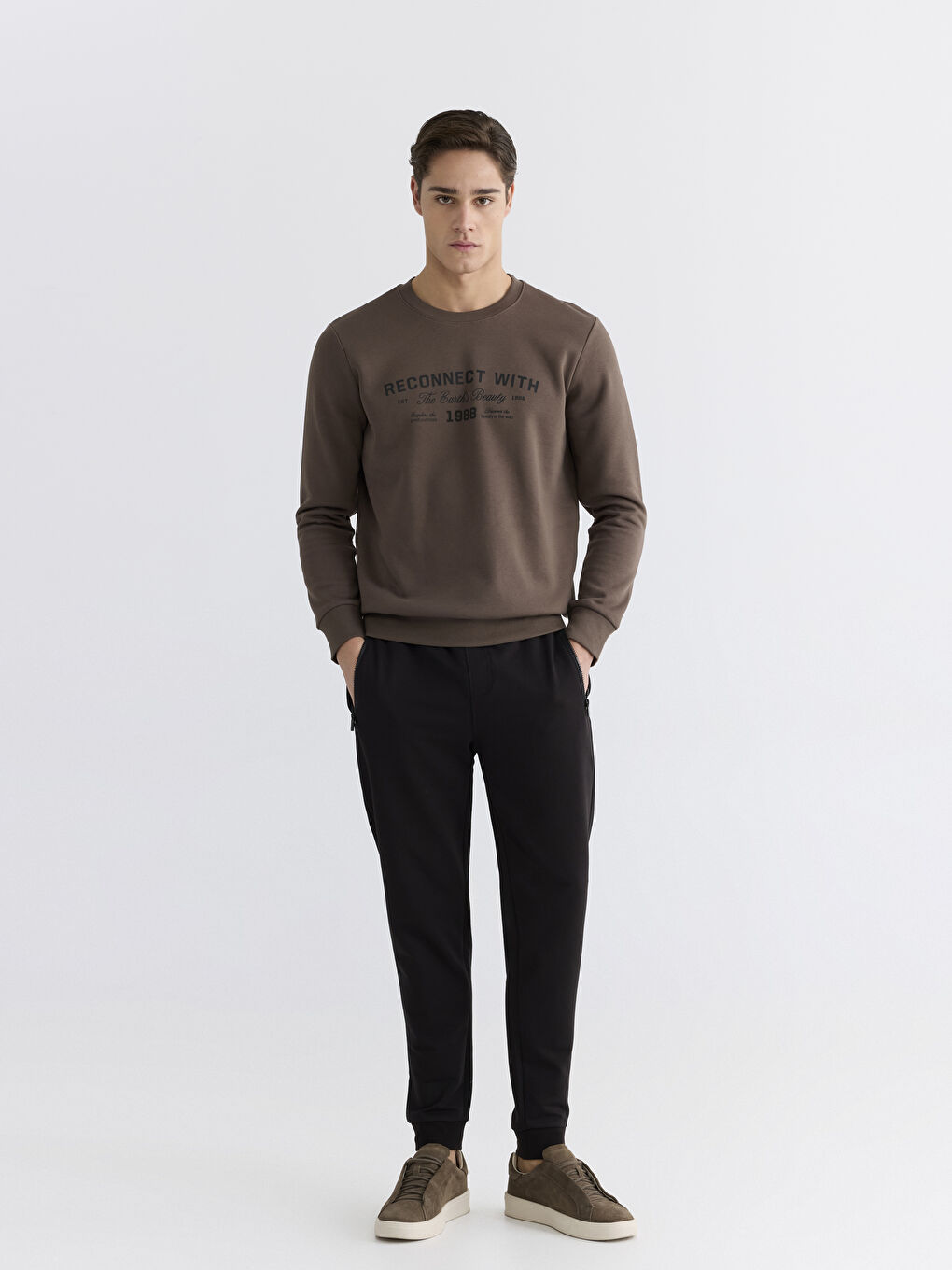 Kahverengi Bisiklet Yaka Erkek Kalın Sweatshirt-1